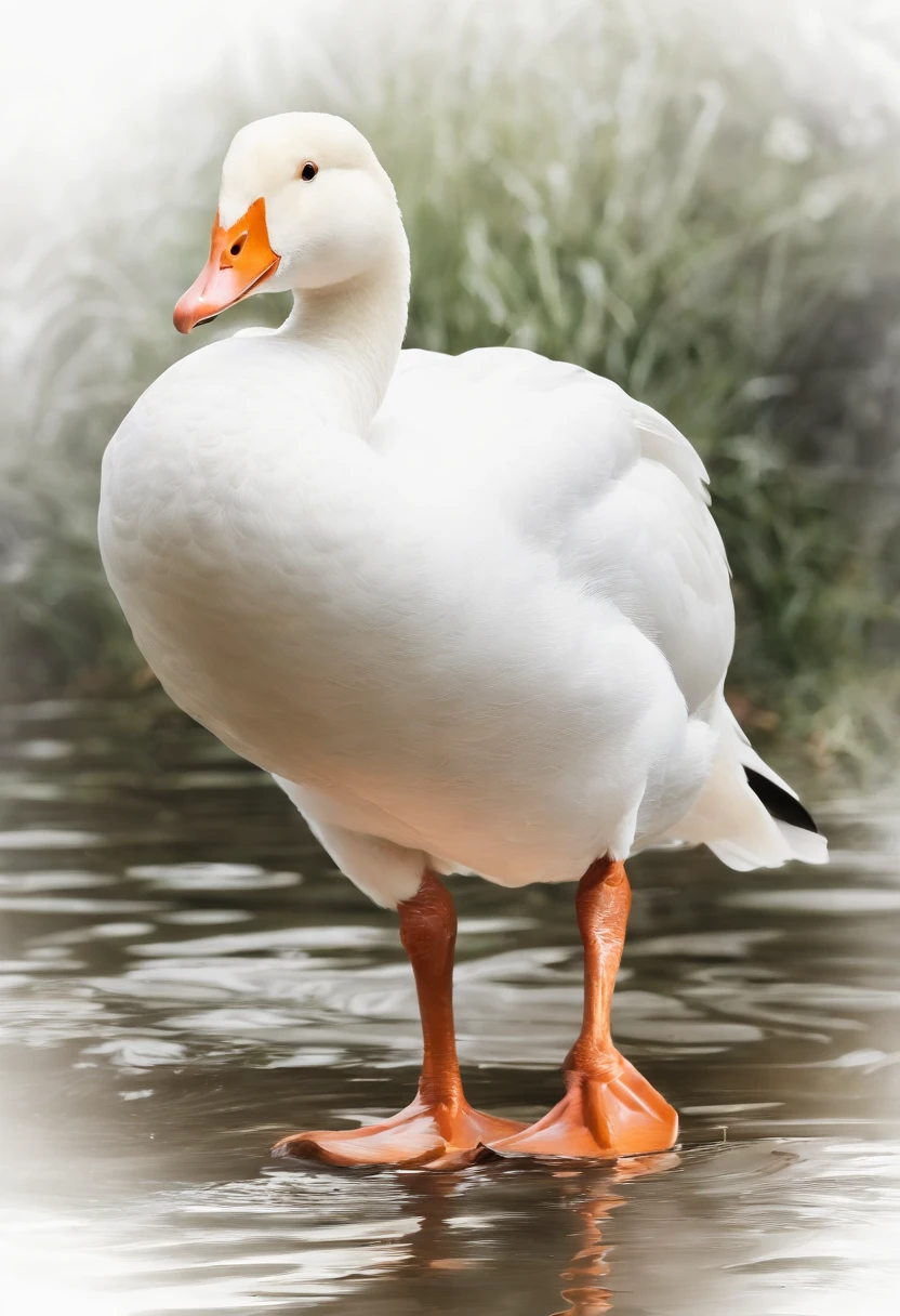 Perfect centering, Cute white goose,ssmile,Domestic geese,A flock of poultry white geese,Standing position, Abstract beauty, Centered, With his back to the camera, nearing perfection, Dynamic, highly details, smooth, Sharp focus, 8K, high definition resolution, illustration, Art by Carne Griffiths and Wadim Kashin, White background