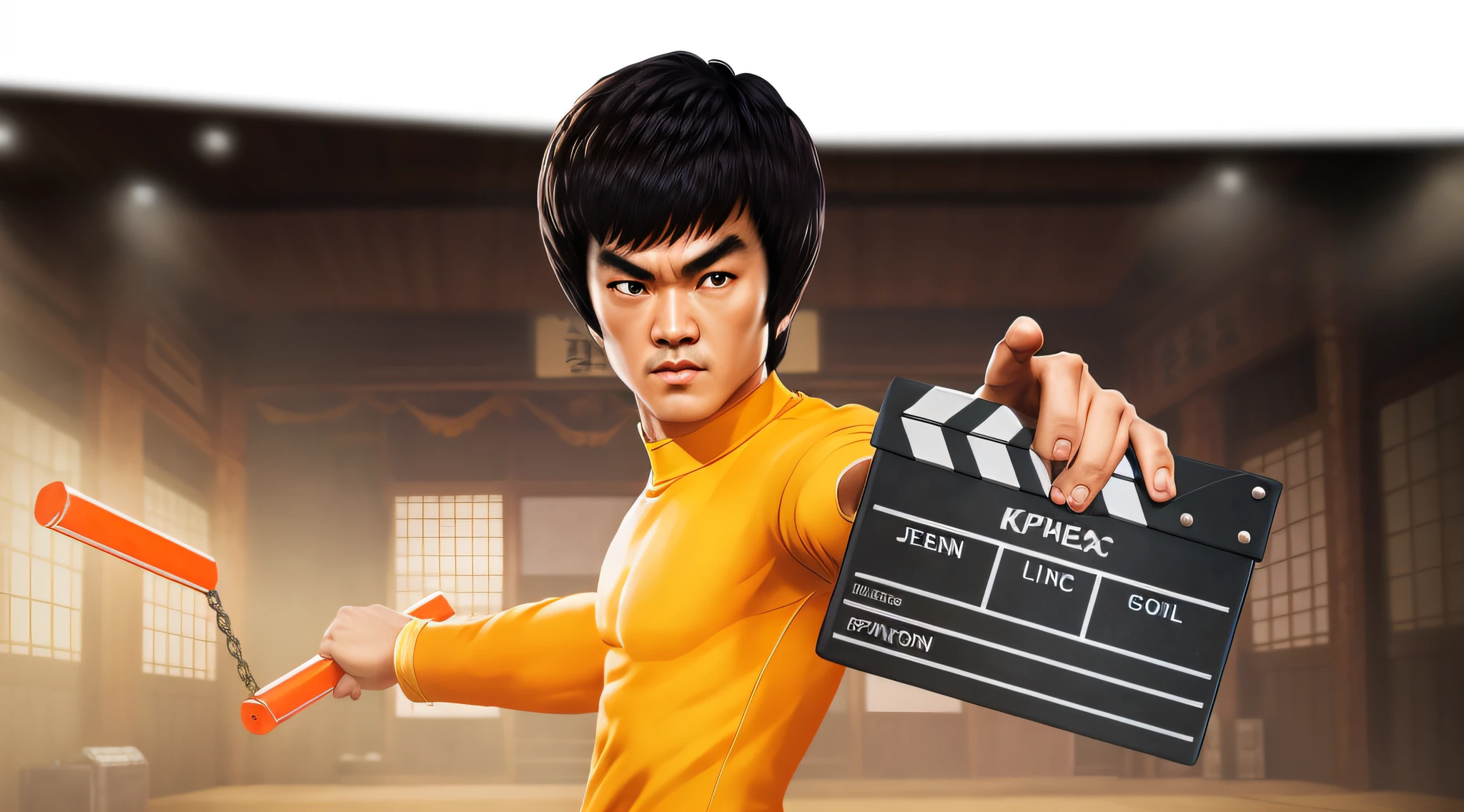 An image of Alphad in a room holding a movie clapper, Bruce lee, Kungfu, high detail iconic character, Kungfu, portrait of bruce lee, hero action pose, 3 d demo reel avatar, 3 d animated movie, fighting game character, cinematic pose, Cinematic action, cinematic details, movie character, portrait shooting, cinematic action shot