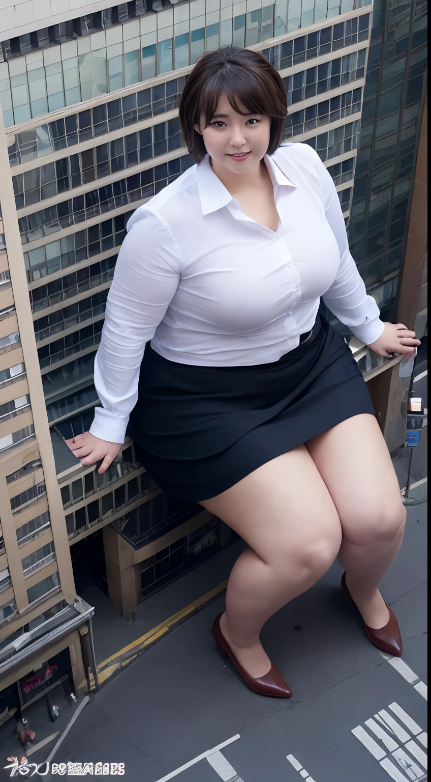 der riese、Giant、Woman taller than the building、Realistic、Writing,white shirt、Collared shirt、wearing a shirts、White cutter shirt、Shirt buttons are snapped、a black skirt、Office Suits、professional photograpy、Does not expose the skin, Japanese Models,、,The skin is not exposed、fleshy body, large boob、 hard 、、big butts、Big belly、thick thight、thick arms、Round face、Fat face、chubby cheeks、Sauce order、big eye、Brown hair、short-haired、Aerial view、tokyo prefecture、