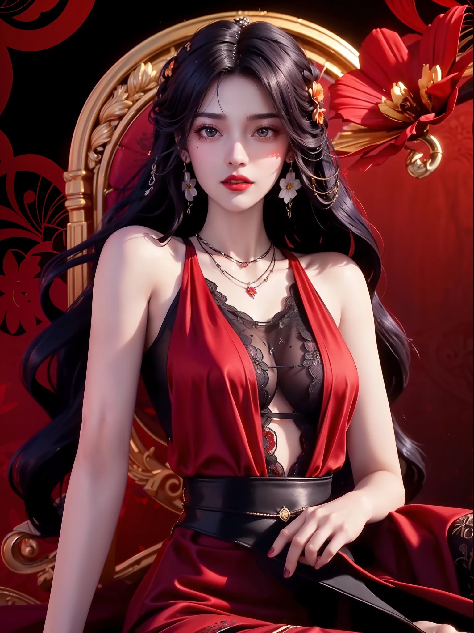 1 beautiful and sexy 20 year old girl, ((Wearing an ultra-thin red dress:1.6)), Diamond dress, ((Long black purple hair:1.6)), bangs, Jewelry made of gemstones and beautiful hair, ((Wear a black lace necklace:1.4))), Noble, The noble demeanor of a very beautiful girl, Her little face is super cute, Her face is beautiful, Thin eyebrows, flawless and beautiful face, ((black eye pupil: 0.8)), verybeautifuleyes, ((Black eyes: 1.6)), Beautiful makeup and hair detailed eyelashes, Hot eye makeup, High nose, Earrings, Red lips, ((Closed mouth: 1;5 )) Beautiful lips, Slim hands, The most beautiful thighs, ((Spread your arms to the sides: 1.5) ), Rosy face, Clean face, flawless and beautiful face, Smooth white skin, (Big breasts: 1.5)), ((high breasts: 1.6) ), Big taut breasts, The beautiful, (((and super rounded: 1.8))), ((Ultra-tight breasts: 1.7)) , Beautiful breasts, Perfect body, back arms, Chest out, Black thin mesh stockings，Black lace trim, (((Exposing the abdomen))), Don't be shy, 8k photograph, Super high quality, Super realistic, More than 10x pixels, lightwave, Bright Studio, Bright edges, twotonelighting, (High-detail skin:1.2), Super 8K, Soft lighting, High quality, voluminetric lighting, Photorealistic, Realistic high resolution, lighting, best photos, 4K, 8K quality, blurry effect, Smooth and sharp, 10 x pixels, ((Red flower background:1.5)), aurora, Lightning, Ultra-realistic graphics, The most realistic graphics, Alone, Solo, Extremely sharp images, Surreal，《（（（（（（Squat，spread their legs，Long legs，high-heels，Full body photo））））））》