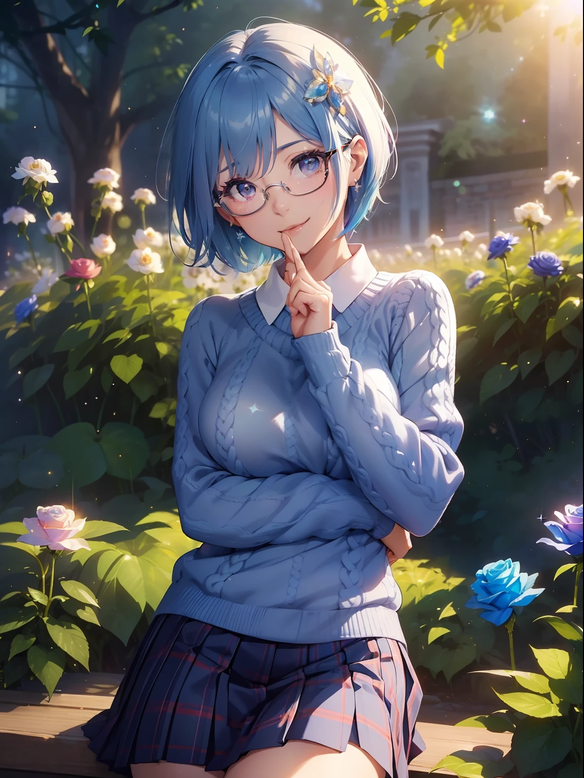 masutepiece, High resolution, 8K, anime woman, Delicate and detailed writing 、Detailed digital illustration、(((Pixie Bob)))、Shiny hair、a very beautiful woman、Eyes are double, Large,、 Bust is D cup、High image quality, High quality、Detailed background、The inside of the eye shines like a diamond、(((Blue hair)))、(((swept bangs)))、Gradient pupil、(((2 arms、4 fingers, 1 thumb)))、Detailed female face、a very beautiful woman、、细致背景、​masterpiece、Soft Focus , Bright gradient watercolor , Lens Flare , (((Glitter))) , Glow , Dreamy ,Idol、Light blue ribbon、((Very beautiful light blue rose hair accessories))、White and light blue and golden costume、(((wears glasses)))、intelligent woman,、A smile、(((Cosmos Garden)))、Eyes with blue gradient glow、Full smile、 (Wearing a navy blue knitted sweater over a white shirt,,,,:1.3), (Plaid pleated skirt:1.3),(((Cosmos Garden)))、rainbows、Hello one-handed、