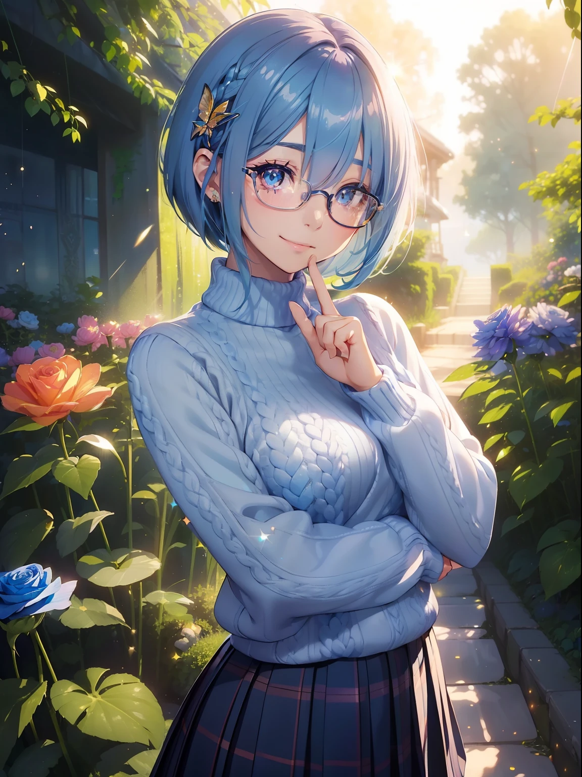 masutepiece, High resolution, 8K, anime woman, Delicate and detailed writing 、Detailed digital illustration、(((Pixie Bob)))、Shiny hair、a very beautiful woman、Eyes are double, Large,、 Bust is D cup、High image quality, High quality、Detailed background、The inside of the eye shines like a diamond、(((Blue hair)))、(((swept bangs)))、Gradient pupil、(((2 arms、4 fingers, 1 thumb)))、Detailed female face、a very beautiful woman、、细致背景、masterpiece、Soft Focus , Bright gradient watercolor , Lens Flare , (((Glitter))) , Glow , Dreamy ,Idol、Light blue ribbon、((Very beautiful light blue rose hair accessories))、White and light blue and golden costume、(((wears glasses)))、intelligent woman,、A smile、(((Cosmos Garden)))、Eyes with blue gradient glow、Full smile、 (Wearing a navy blue knitted sweater over a white shirt,,,,:1.3), (Plaid pleated skirt:1.3),(((Cosmos Garden)))、rainbows、Hello one-handed、