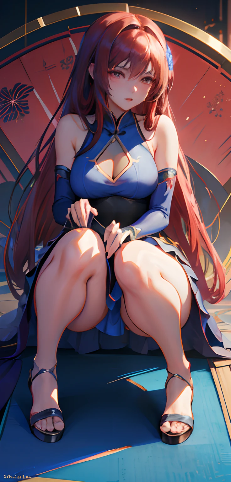 anime girl in a blue dress sitting on a red rug, beautiful anime girl squatting, seductive anime girl, by Yang J, beautiful alluring anime woman, keqing from genshin impact, extremely detailed artgerm, long elegant tail behind, the anime girl is crouching, guweiz, japanese goddess, trending on cgstation