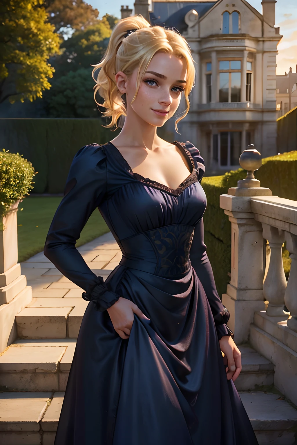 Best Quality, Ultra High Definition, (Photorealistic:1.4),Sunset Light, Ponytail, australian Women, Detailed Photo, Smiling, Sexy, Freckles, side on to camera Camera, Close-up (Masterpiece: 1.3), (8K, Photorealistic, Best Quality: 1.4), (1girl), Beautiful Face, (Realistic Face), (Blonde Hair, Short Hair: 1.3), Beautiful Hairstyle, Realistic eyes, beautiful detail eyes, (realistic skin), beautiful skin, (dark blue modest ball gown), absurd, attractive, ultra high resolution, ultra realistic, high definition, golden ratio, (small breasts: 1.3), (manor house gardens standing posing on limestone stairs)