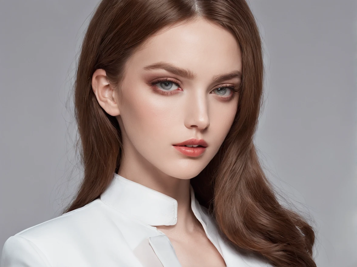 Frau , blau-graue augen, lange braune haare, kleine stupsnase, voller unterlippe und flacher oberlippe, roten wangen und einem ovalen gesicht, white skin, körchengröße B, Modell, Height 168cm, oberweite 86cm, taillenweite 63 cm, Hip width 91cm, of European origin, deutscher herkunft, Full Body Portrait, pola bild, modelbild, model, 25 jahre alt, White suit and brown shoes