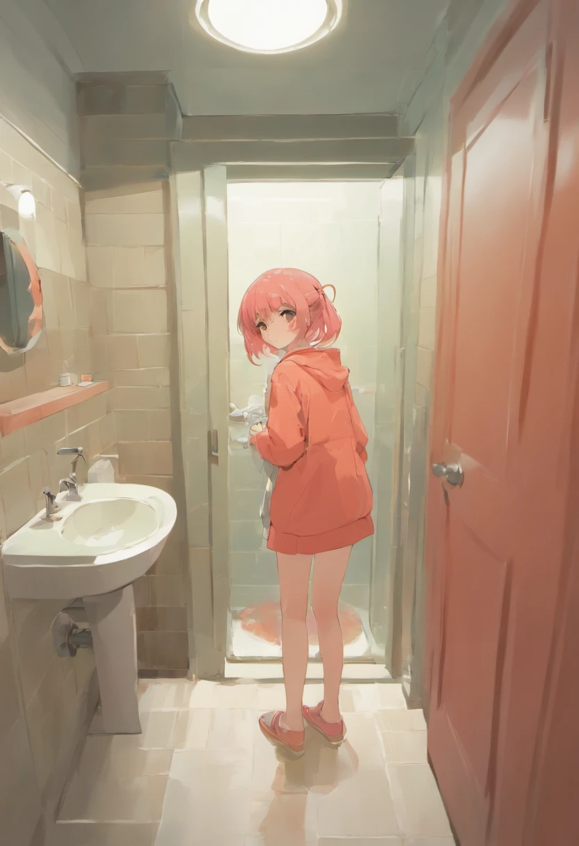 minimalistic photograph of a bathroom with mirror, olive and coral color palette