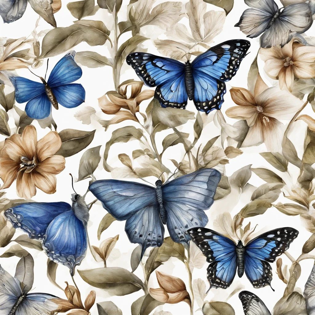 Borboleta preta e marrom voando, Backgound de cores frias, Alto contraste, cores vibrantes, borboleta, ray tracing, Symmetrical and detailed blue lily, flor, vegetation, vida, luz solar, ray tracing