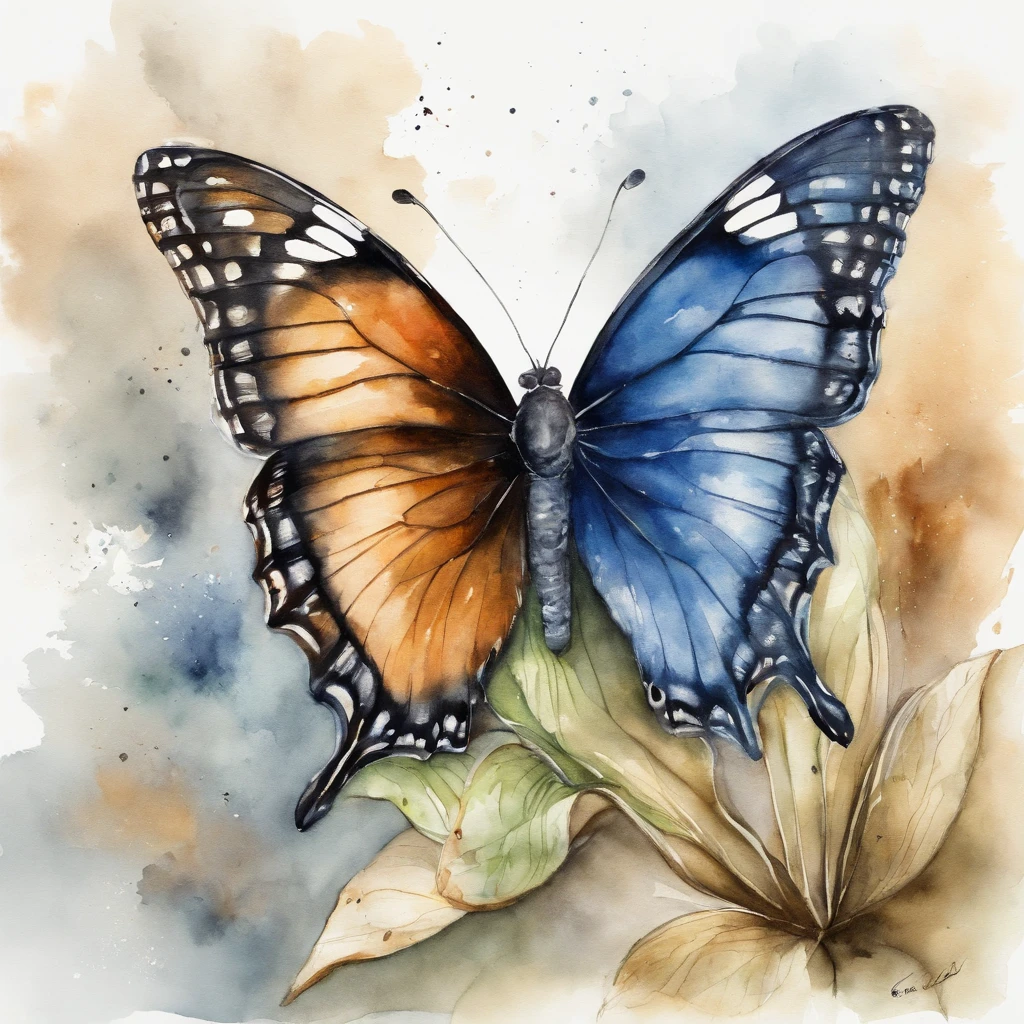 Borboleta preta e marrom voando, Backgound de cores frias, Alto contraste, cores vibrantes, borboleta, ray tracing, Symmetrical and detailed blue lily, flor, vegetation, vida, luz solar, ray tracing