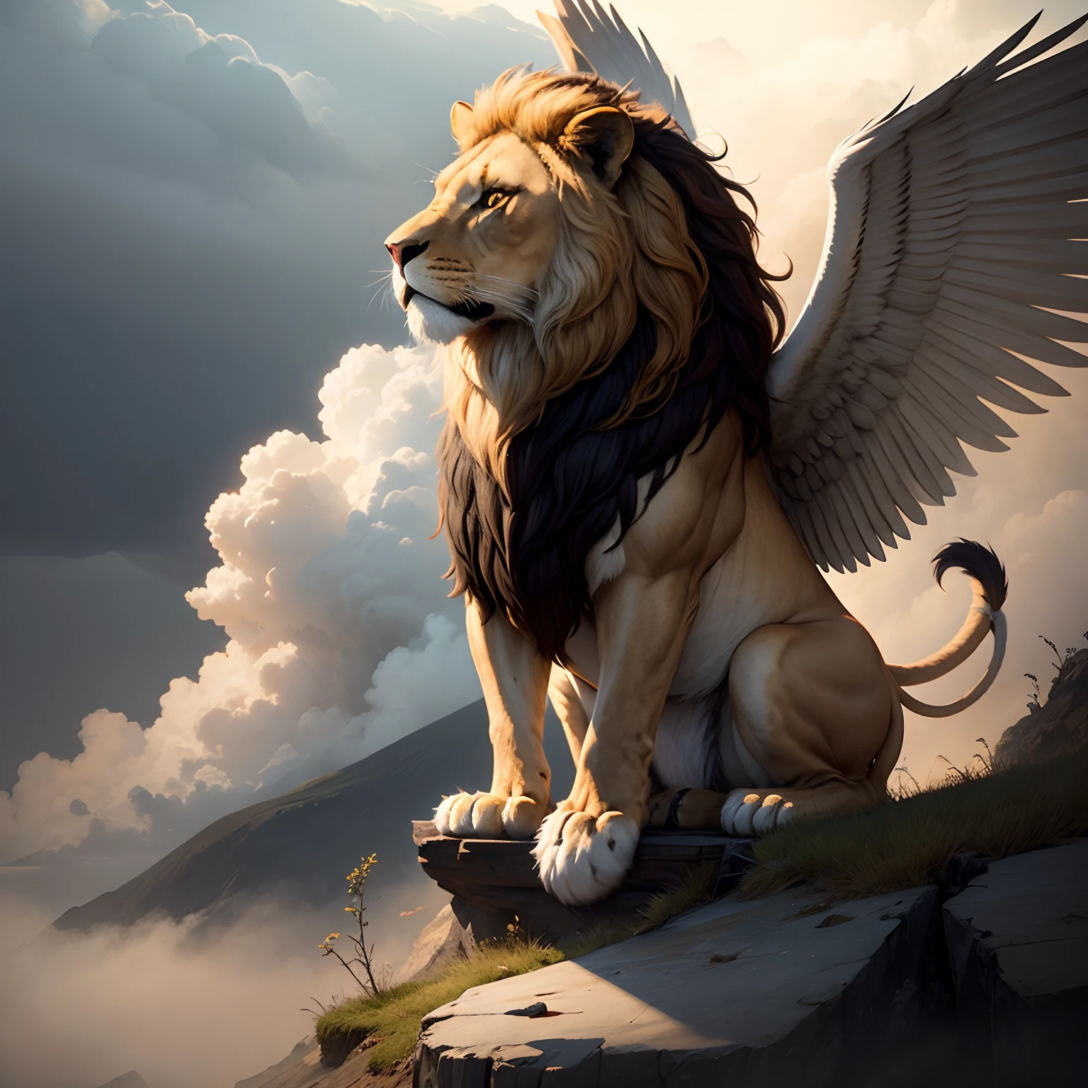 Masterpiece of a profile picture of a lion with wings in a place with mist HD