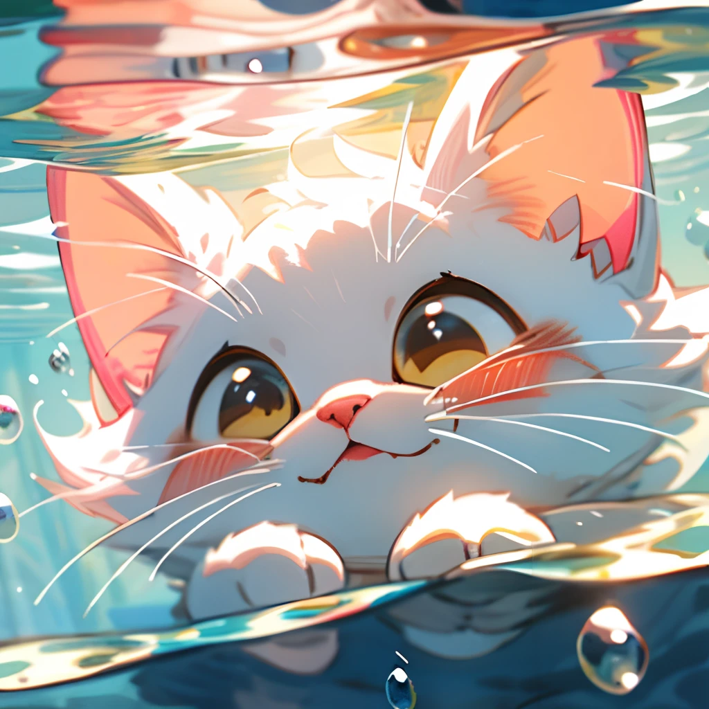 1 cute kitten，white colors，Small pink paws，closeup of face，portraitures，hairy pubic，leafs，No Man，Under the water，water bubbles，Buble，higher details，Rich in color，adorable smile，最好质量，8K，high saturated