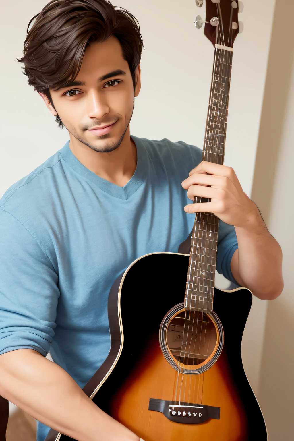 Um homem de aproximadamente 25 anos, Holding in his hands a beautiful guitar, olhando pra camera.