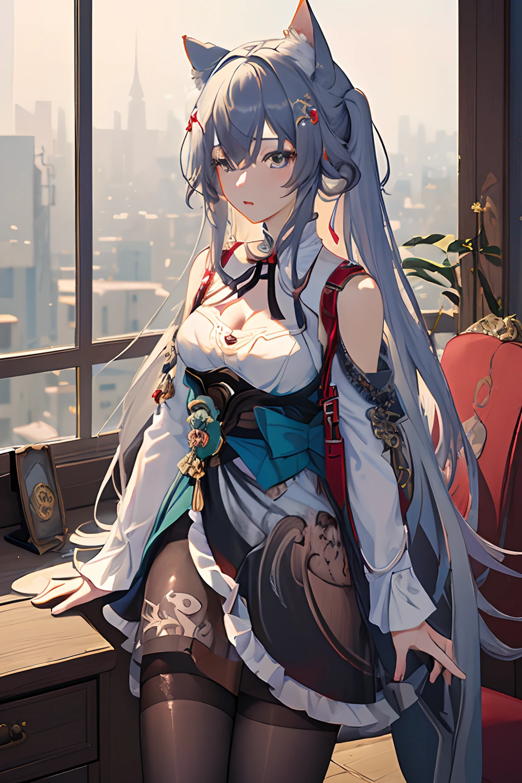 (Masterpiece, Top quality, Best quality, offcial art, Beautiful and aesthetic:1.2),extreme detailed details,(Fractal art:1.3), Pantyhose, print legwear,White shirt, Red jacket,Indoors,window,Small breasts, Fu Hua(AZ),Office Lady, Cat ears,