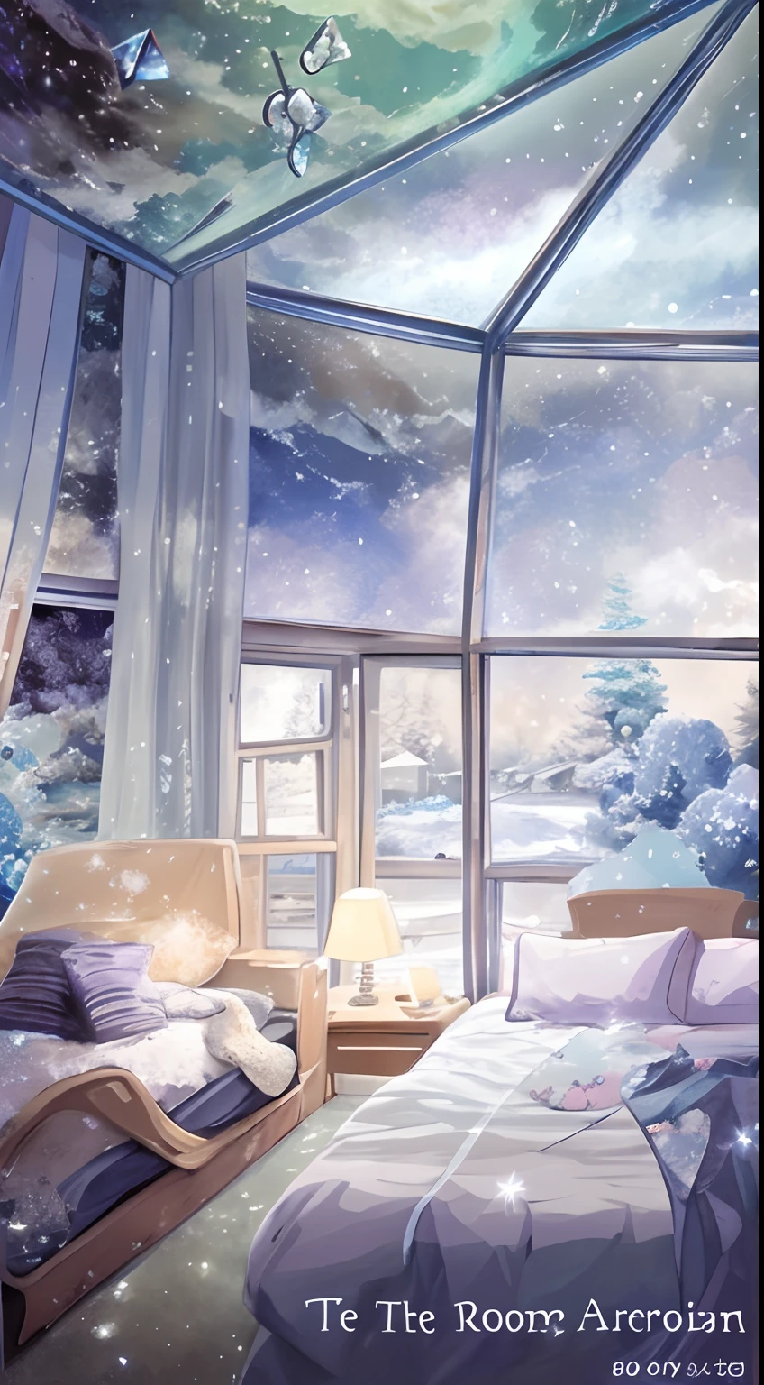 The room had a bed with a window and night sky, cozy wallpaper, Anime background art, personal room background, a crystalline room, Arte conceitual de inverno, anime backgrounds, anime beautiful peace scene, beautiful anime scenery, beautiful anime scenes, bedroom background, interior background art, cozy home background, Anime landscapes, By Yuumei, Relaxing concept art