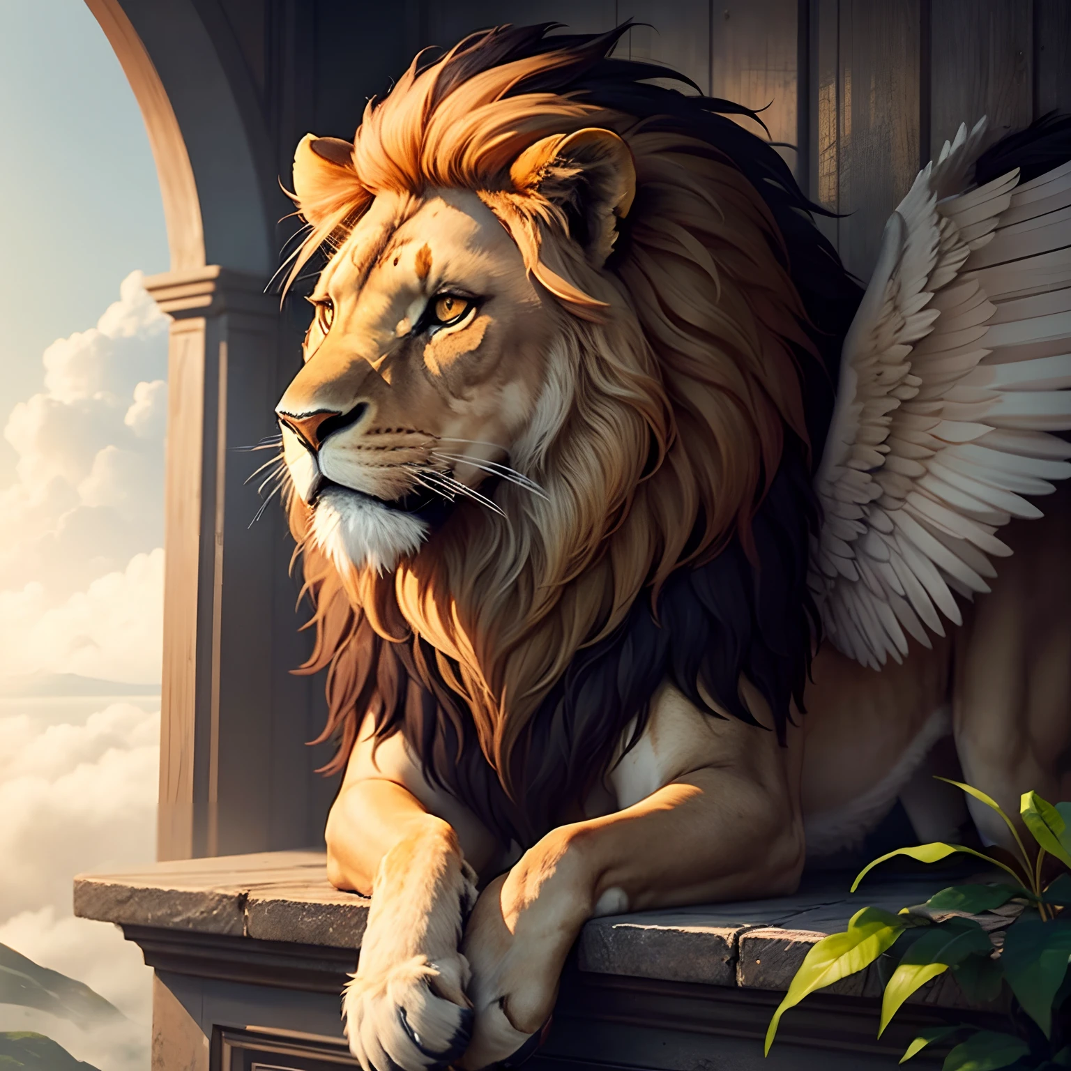 Masterpiece of a profile picture of a lion with wings in a place with mist HD