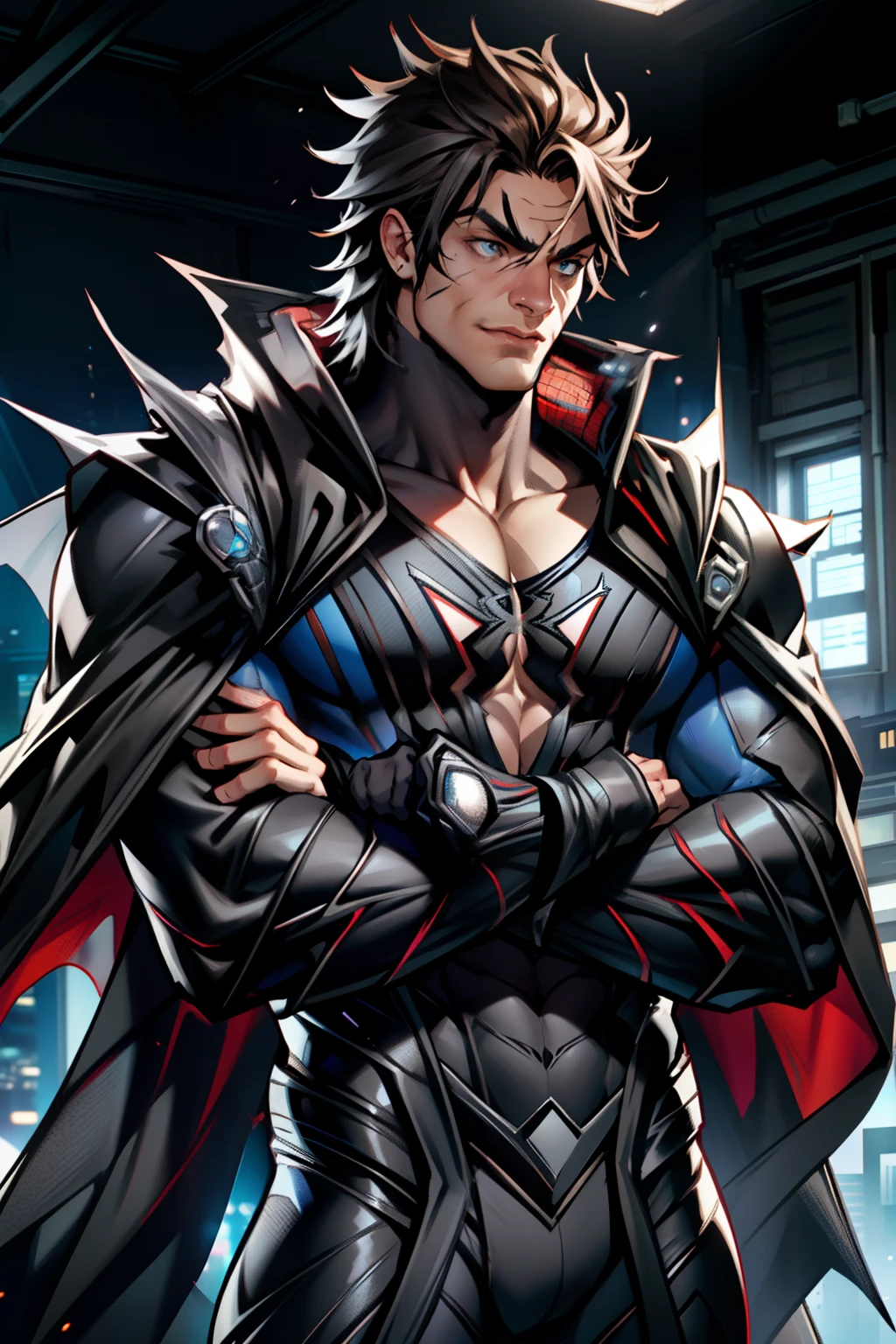 《the original god》Arataki Kazuto , male people， chest muscle， Sexy , Venom symbiote for your body, Black mucus of the body , into venom, venomize，Black bodysuit，（Cloak），Red cape，Abs，（Adult male）（（Venom possession，venom symbiote）），over-Tortoise Man，Battle damage，((Masterpiece)), ((Best quality)), Ultra detailed,((illustration)), Dynamic Angle, Detailed light, (Delicate eyes), Floating, 1boy, Male focus, Head, Clothing, Yellow eyes, necklace, tattoo, (Forehead:0.8), (ahoge:0.8), jewelry, brunette color hair,apathy，Ray， chest muscle， Sexy , Venom symbiote for your body, Black mucus of the body , （into venom）, Venom，frontage，Bust photo，White tight-fitting top，spiderman outfit，style of anime4 K， 4K anime wallpaper， Badass anime 8 K， 4 k comic wallpaper， young anime man， Anime boys， Anime wallpapers 4 k， Anime wallpaper 4K， High quality anime art style， Anime moe art style， Anime art wallpaper 8 K， Anime art wallpaper 4 K， RGB lighting，