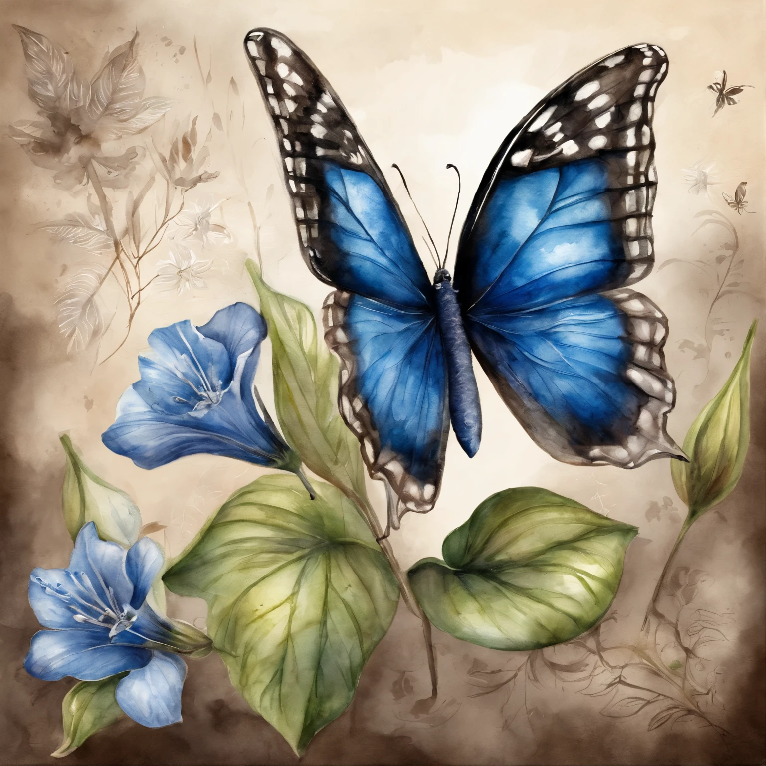 Borboleta preta e marrom voando, Backgound de cores frias, Alto contraste, cores vibrantes, borboleta, ray tracing, Symmetrical and detailed blue lily, flor, vegetation, vida, luz solar, ray tracing
