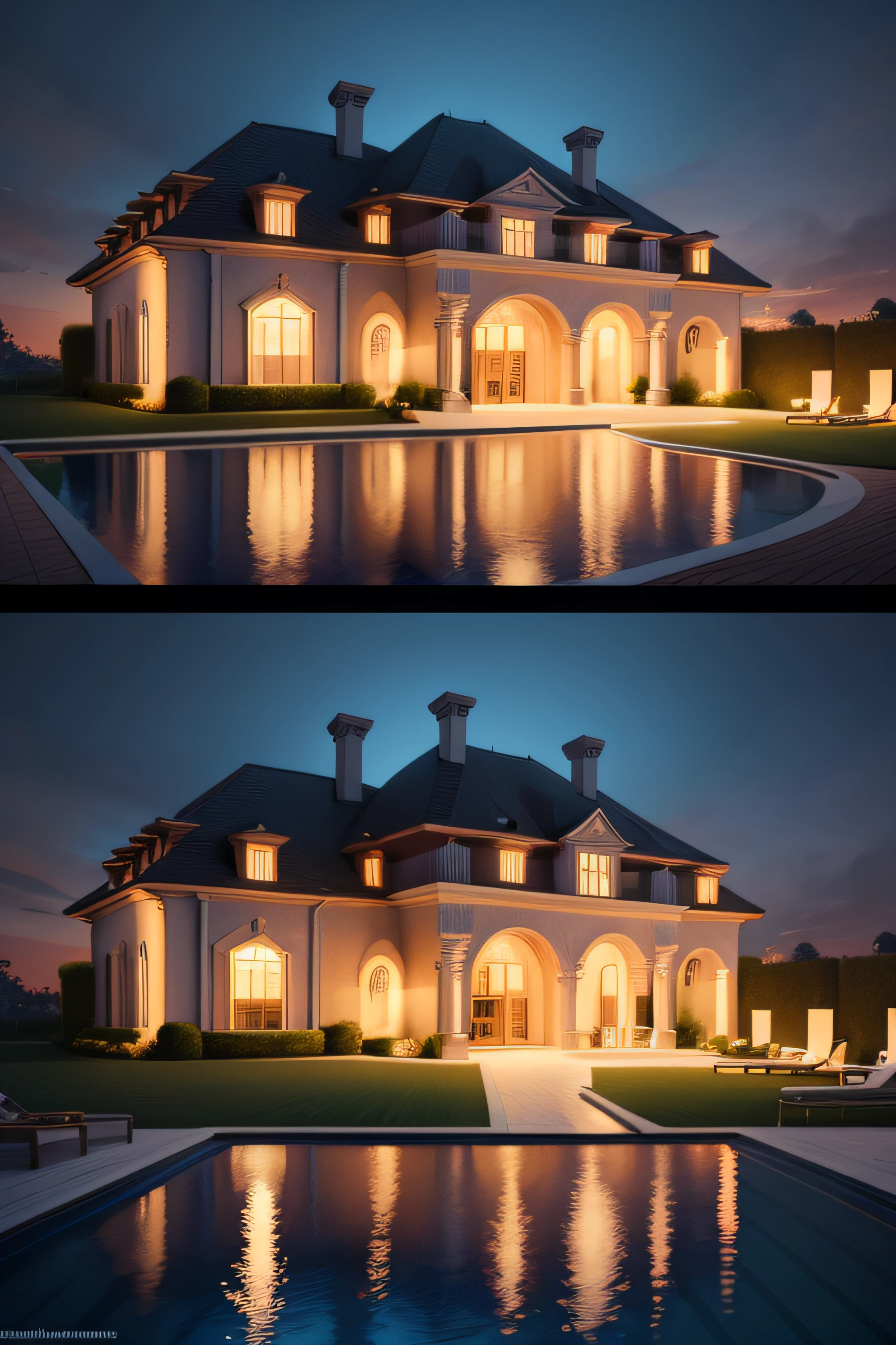 Illuminated mega mansion with pool and luxurious garage, animated, drawing style