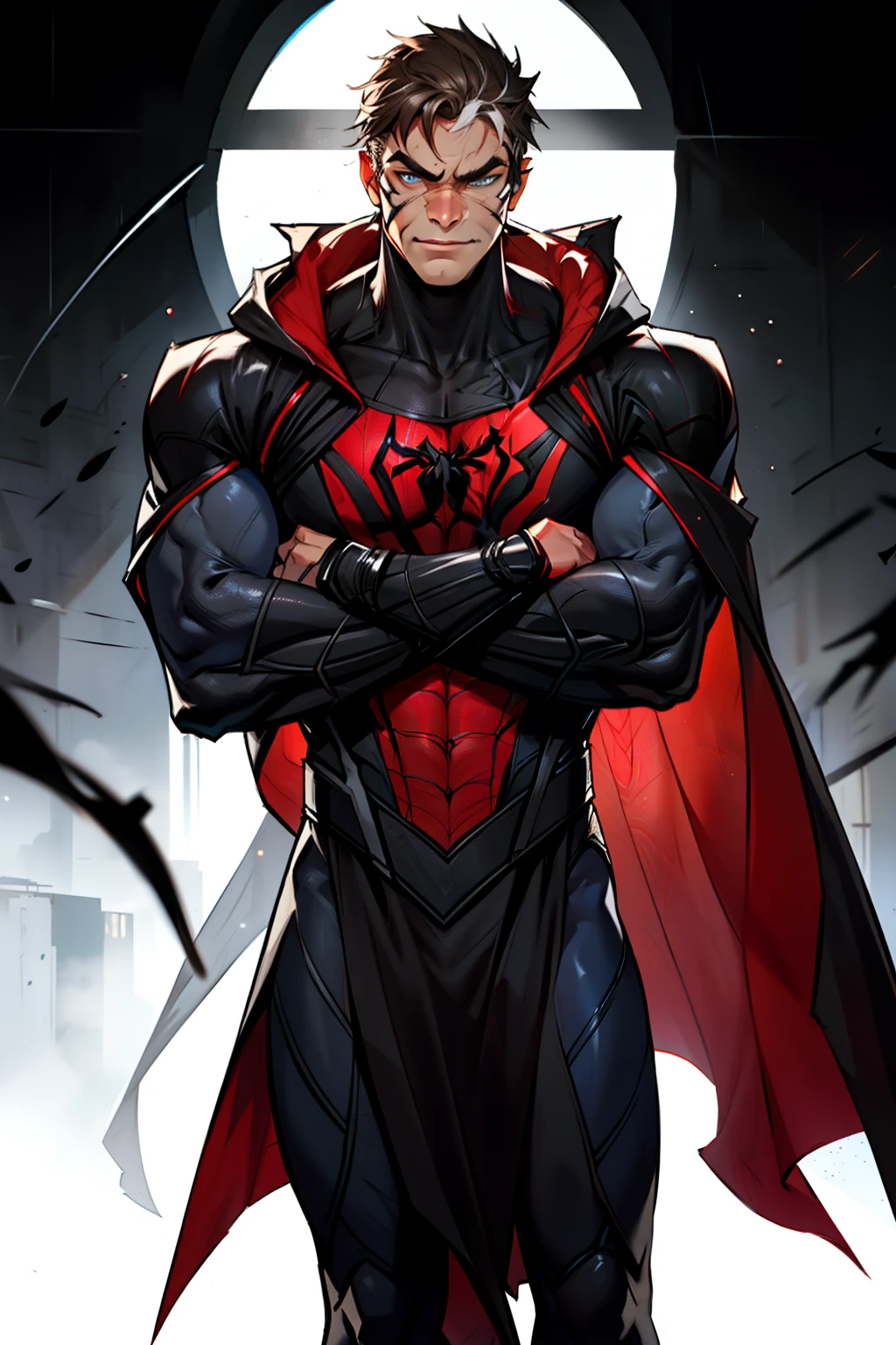 1boys， Spider-Man abs，  brunette color hair， grey leotard， eBlue eyes， tightsuit， cloaks， with her mouth open， Crossed arms， large pecs， malefocus， musculous， big muscular male， Pectoral muscle lift， chest muscle， a black cloak， short detailed hair， simplebackground， 独奏， super heroes， The upper part of the body， Flat style ， （（tmasterpiece）），PS5 movie screenshot，Highly detailed and detailed movie rendering，ultra photorealistic raytricing，With cinematic lighting，Black Spider-Man，Venom symbiote set，Sparkling sticky organic set