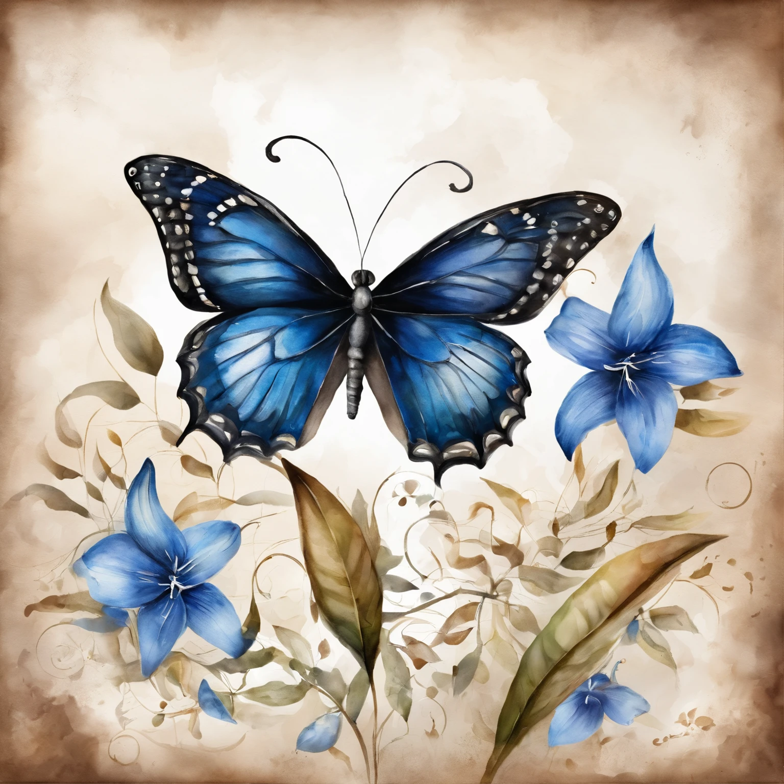 Borboleta preta e marrom voando, Backgound de cores frias, Alto contraste, cores vibrantes, borboleta, ray tracing, Symmetrical and detailed blue lily, flor, vegetation, vida, luz solar, ray tracing