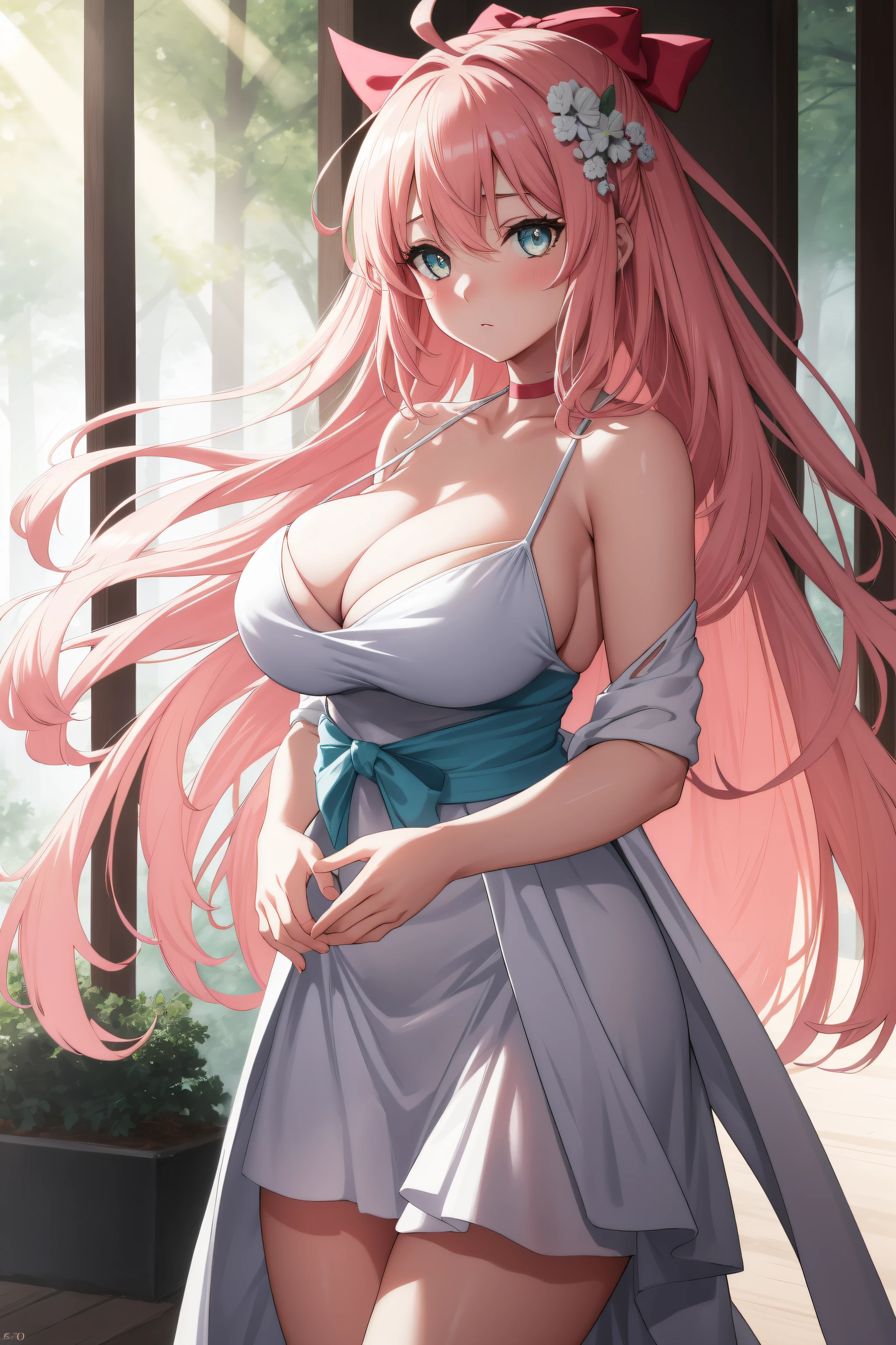 in a forest with fog and trees in the background and a light shining through her
white dress,head piece,bare_shoulders, collarbone,
okita souji, ahoge, pink hair, hair between eyes, hair bow, short hair, yellow eyes,
1 girl, 20yo,young female,Beautiful Finger,Beautiful long legs,Beautiful body,Beautiful Nose,Beautiful character design, perfect eyes, perfect face,
looking at viewer, (innocent_big_eyes:1.0),(expressionless:1.3),
NSFW,official art,extremely detailed CG unity 8k wallpaper, perfect lighting,Colorful, Bright_Front_face_Lighting,
(masterpiece:1.0),(best_quality:1.0), ultra high res,4K,ultra-detailed,
photography, 8K, HDR, highres, absurdres:1.2, Kodak portra 400, film grain, blurry background, bokeh:1.2, lens flare, (vibrant_color:1.2)
(Beautiful,large_Breasts:1.4), (beautiful_face:1.5),(narrow_waist),(perfect hands, perfect anatomy),