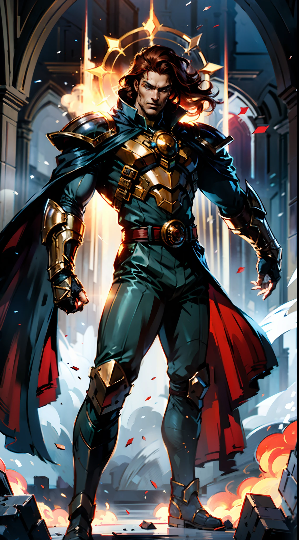 A man with long reddish-brown hair, wearing a red headband, an Eastern European face, deep and confident eyes, a confident smile, a red elongated totem mark on his face, a tall and strong physique, he wears a fantasy-style overlord attire, a blue-gold thick breastplate, a black tight-fitting undershirt, a massive cloak with heavy metal decorations, that cloak covers most of his body, thick red and blue heavy gauntlets, a metal belt with a thick long skirt-like hem, black pants, metal leg guards that match the gauntlets, he steps on the space with an awe-inspiring presence, red and blue and green energy surrounds him, red and blue and green Power surrounds him, white frost swirls around him, blue ice around him, red fire around him, purple Lightning around him, this character embodies a finely crafted fantasy-style overlord in anime style, characterized by an exquisite and mature manga illustration art style, high definition, best quality, highres, ultra-detailed, ultra-fine painting, extremely delicate, professional, anatomically correct, symmetrical face, extremely detailed eyes and face, high quality eyes, creativity, RAW photo, UHD, 8k, Natural light, cinematic lighting, masterpiece:1.5