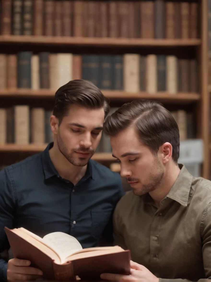 dois homens procurando um livro na estante de uma biblioteca, biblioteca, realista, livros