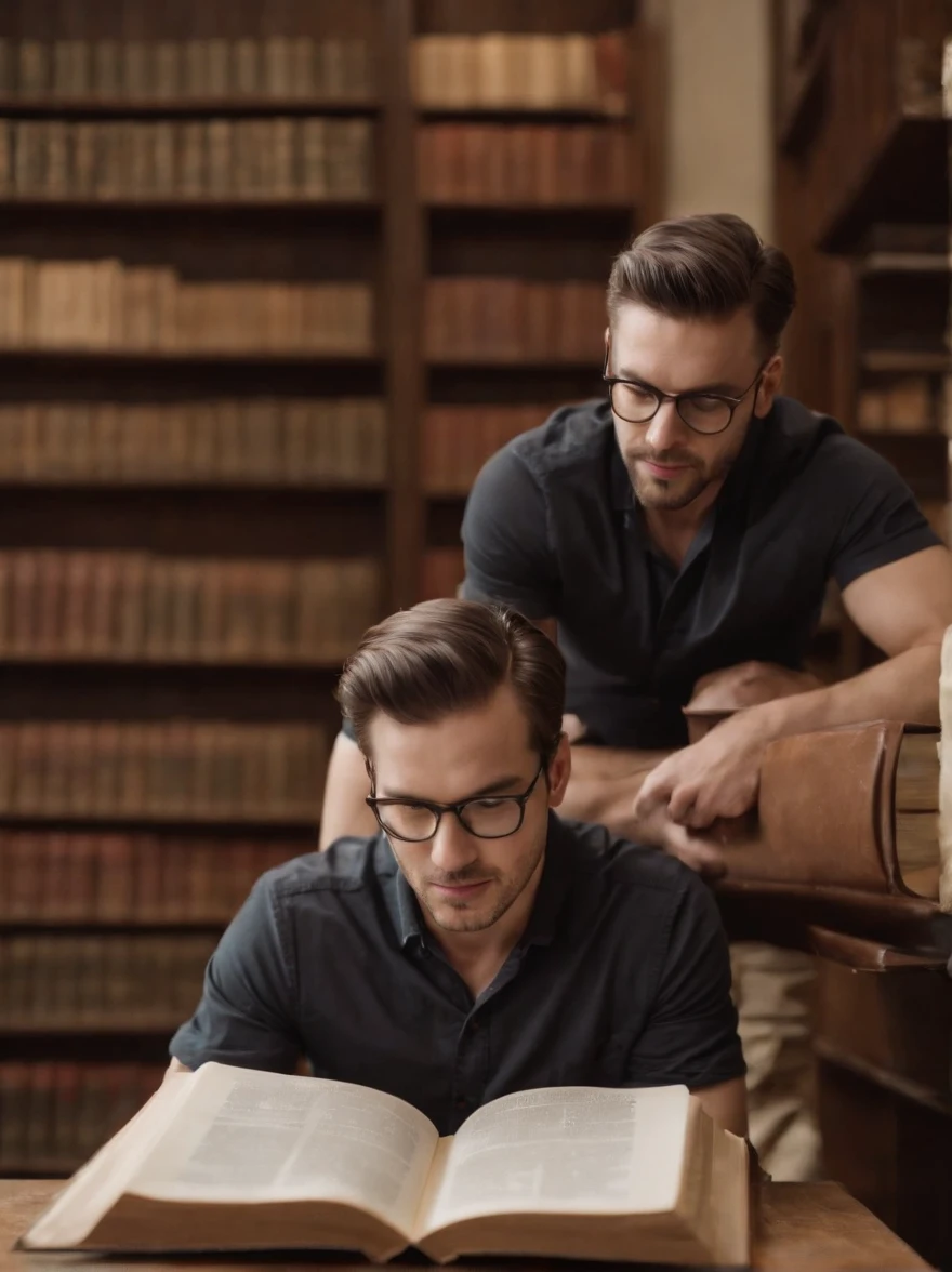 dois homens procurando um livro na estante de uma biblioteca, biblioteca, realista, livros
