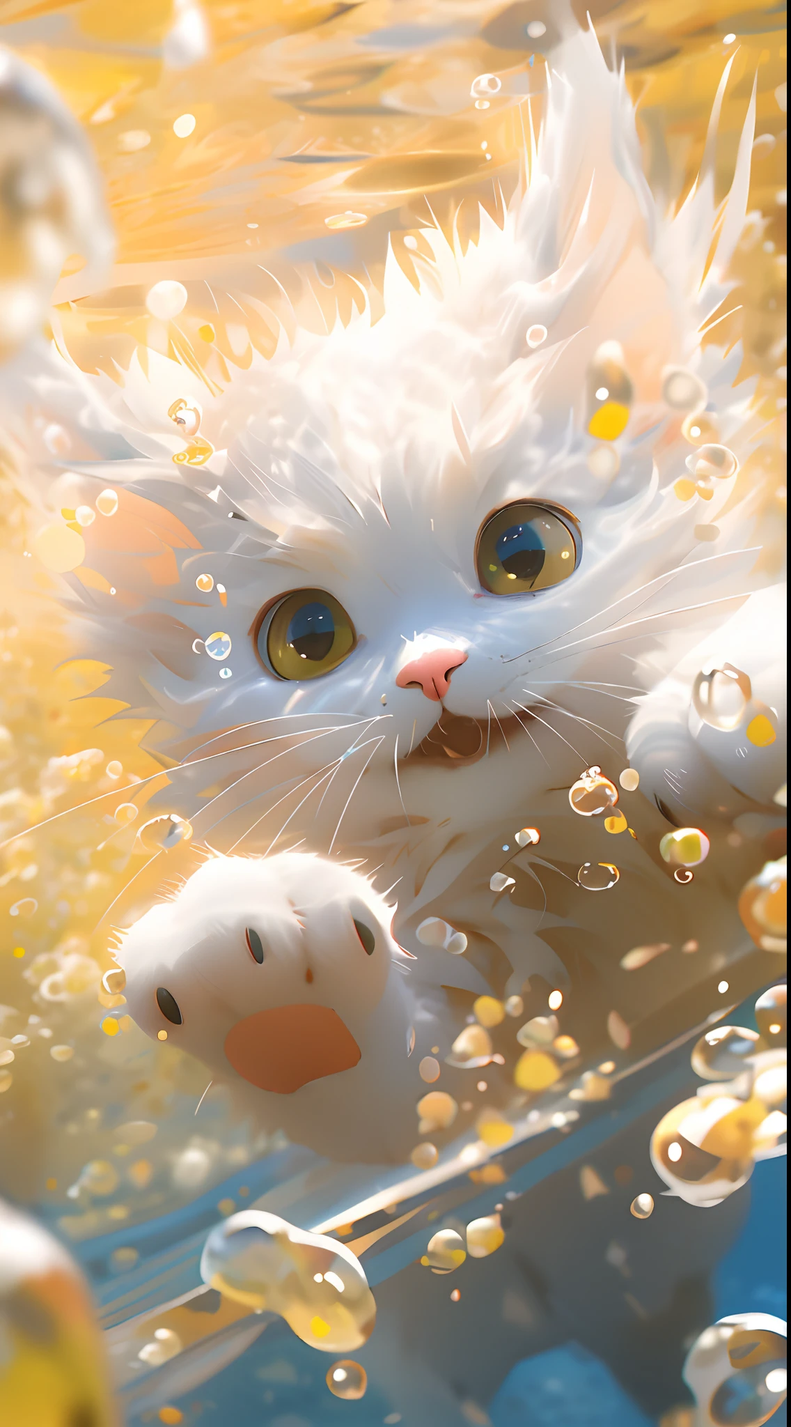 1 cute kitten,white colors,Small pink paws,closeup of face,portraitures,hairy pubic,leafs,No Man,Under the water,water bubbles,Buble,higher details,Rich in color,adorable smile,最好质量,8K,high saturated