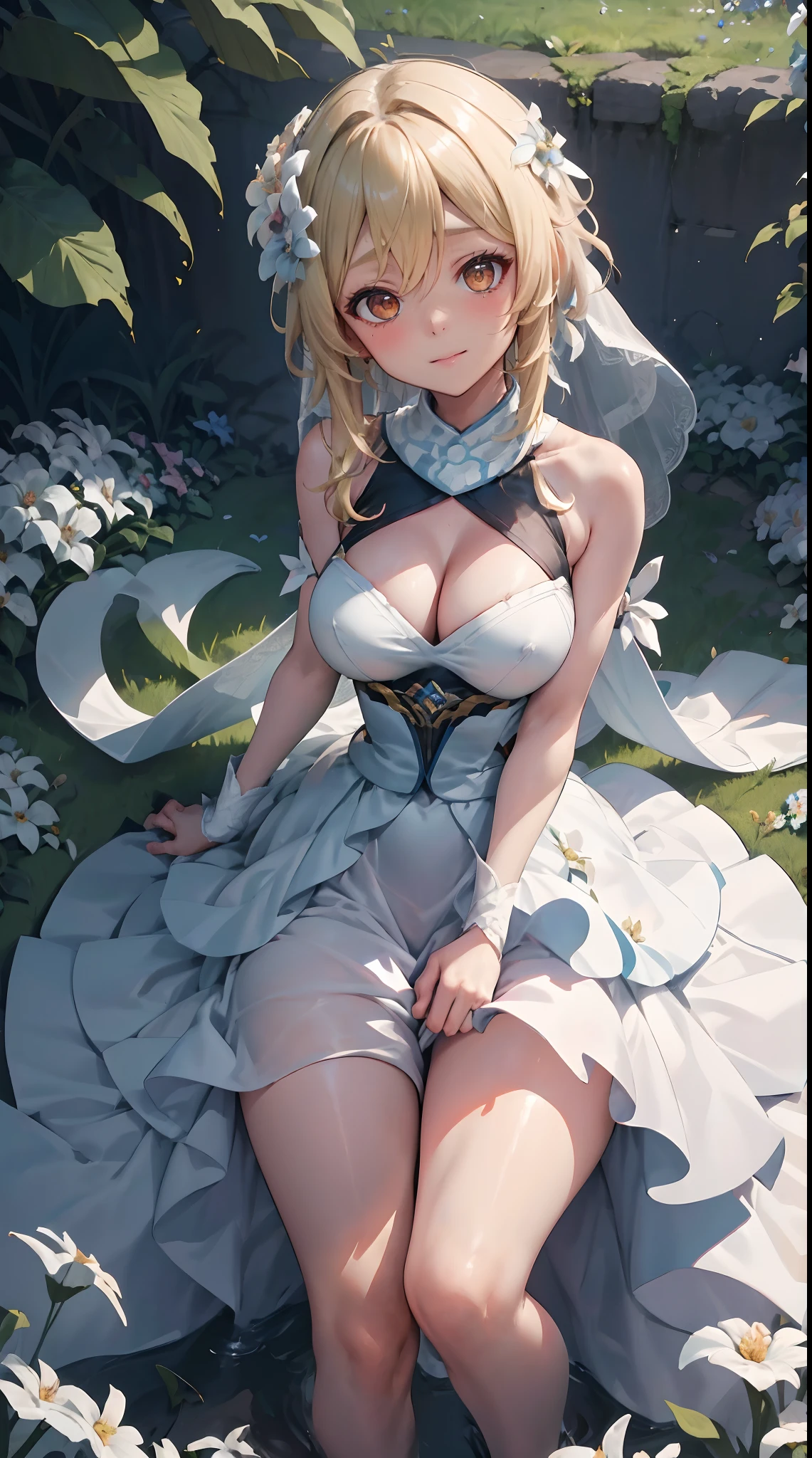 Lumine | genshin impact, master-piece, bestquality, 1girls,25 years old, proportional body, proportional., Wedding Dresses, White Wedding Dress, Long skirt, wedding, mediuml breasts, ,bara, Standing in the middle of a flower garden, outdoor, wedding, The sky is beautiful, Both hands hold a bouquet of flowers............................, View viewers from the front., Thigh strap, Head tilt, bored, 10, 10, HD, slight smile,