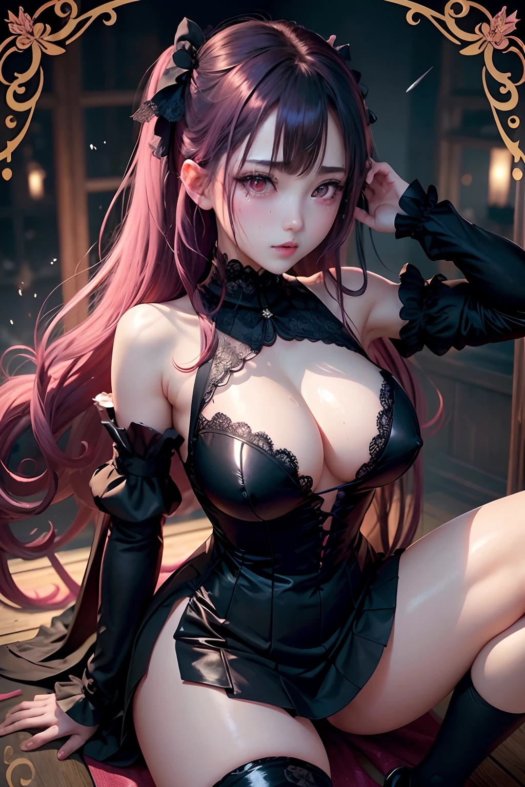 A sexy、A slight smil、garterbelts、knee high socks、panthyhose、Beautifying the world、Unhappy、Lament my night's fantasy、Transcendent beauty、Beautiful shape、wretched、ghosts、wraiths、Evil Spirit、Beautiful、boredom、Unusual beauty、Bewitching、Fornication、Hard Dark Gothic Makeup、Maniacal、Deep night sky、horor、twin-tail hair、Black Dark Eyeshadow、slaves、crying how bright、mourn、Sad songs、Good skin luster、Lace pink、Long hair straight hair、Dark Gothic Makeup、Dark smile、Restless Palace、Expressions of sexual arousal、Fragrant beauty、age19、carriage、Lying、seductiv、Strong sexual pleasure facial expressions、A look of shame、Dark Gothic、Gothic Long Dress、Gothic ta、bright pink hair、masturbation、bell sleeves、Wizard Sleeve、Obscene look、Stained glass background、masutepiece、Best Quality、Ultra-detailed、Refers to 5 books、Sweat glitters on my chest、Glitter of sweat on your face、Glistening with huge amounts of sweat on my thighs、Expression of sexual pleasure in anguish、I'm sweating a lot、Drunken face、maid clothes、Nasty Woman、Mysterious、noble、Face holding back the toilet、Goth lolithes、Black pretend skirt、View from above、The body is wet and shiny、Has a transcendent sex appeal、Sexy poses、Nasty poses、Face with burning body、open one's legs、