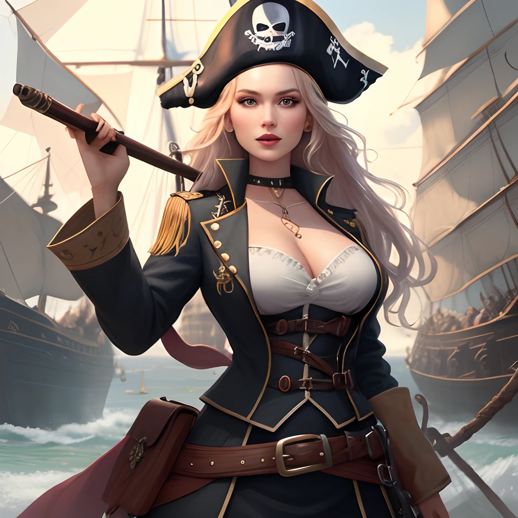 (pirate woman,beautiful,gold outfit,highest quality,intricate outfit,jewels),detailed eyes and face, long eyelashes, vibrant colors, dynamic pose, pirate ship background, dramatic lighting,hdr,ultra-fine painting,sharp focus,horror,portrait