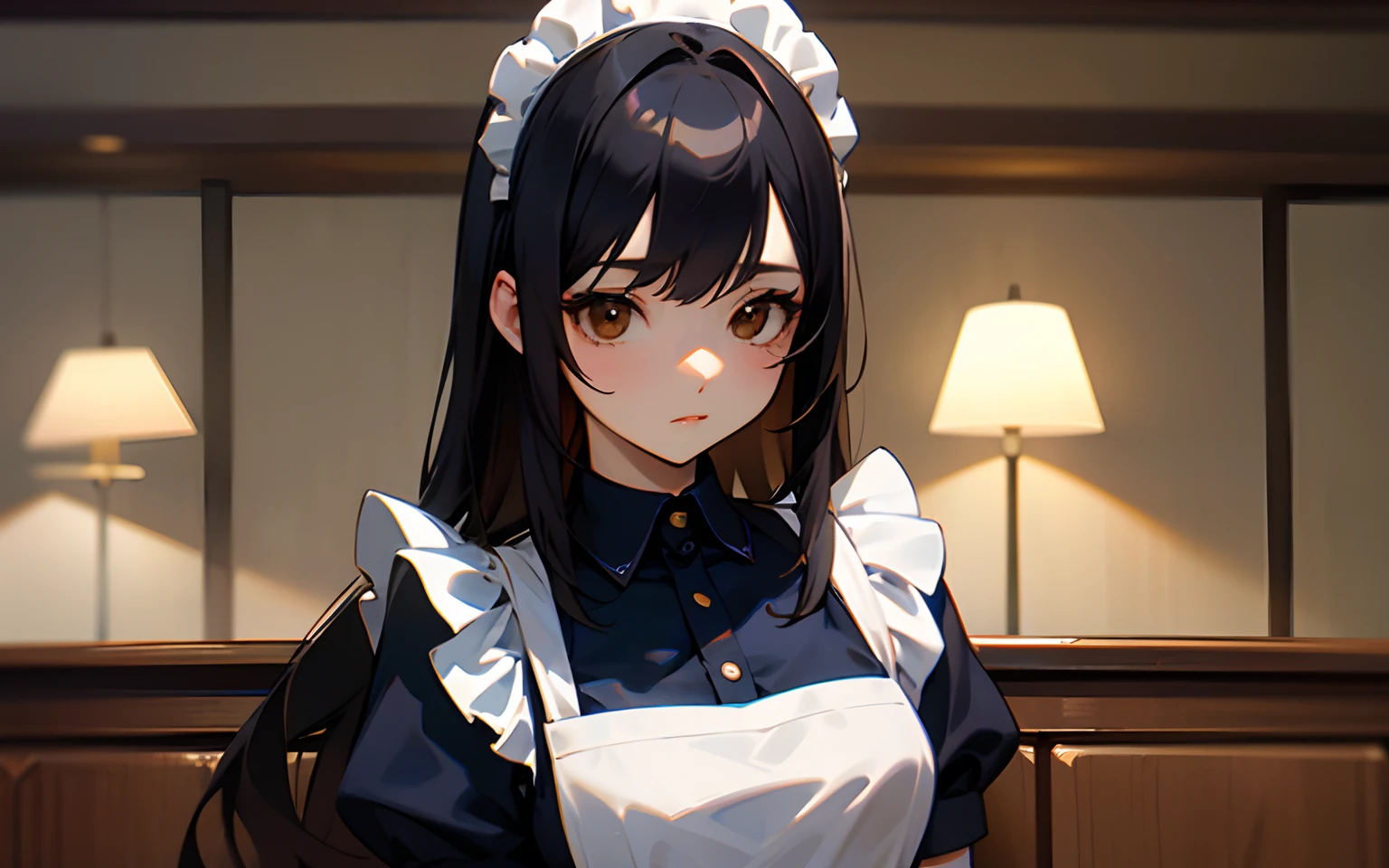 Semi-long black hair、a beauty girl、Navy blue maid clothes、Maid Cafe、serving、Brown eyes、Upper body is shown、
