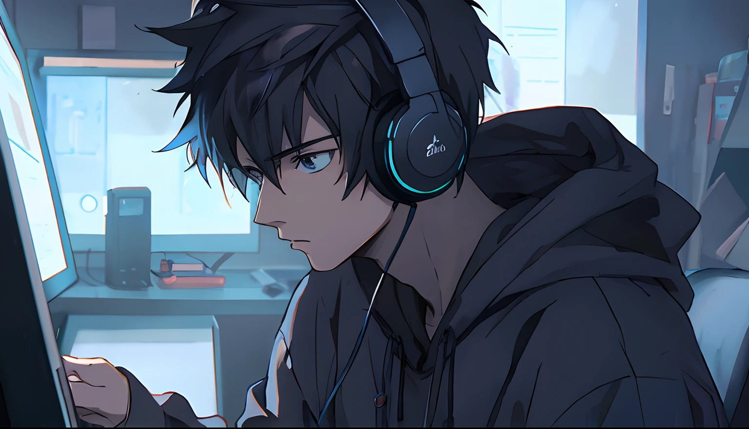 Anime guy with headphones using computer in room, Estilo de arte Anime Moe, Joven hombre de anime, Chico anime, Estilo de arte anime de alta calidad, Nightcore, estilo de anime4 K, con auriculares, digital anime illustration, Chico alto de anime con ojos azules, Anime hombre guapo, Personaje masculino de anime, tiene auriculares, Estilo anime masculino, Trigger anime artstyle, piel morena