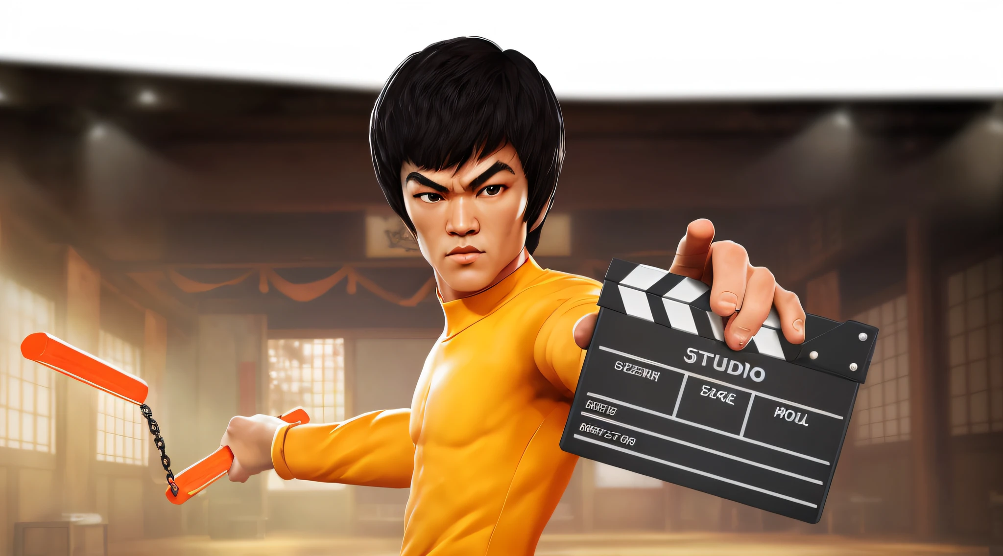 An image of Alphad in a room holding a movie clapper, Bruce lee, Kungfu, high detail iconic character, Kungfu, portrait of bruce lee, hero action pose, 3 d demo reel avatar, 3 d animated movie, fighting game character, cinematic pose, Cinematic action, cinematic details, portrait shooting, cinematic action shot, movie character