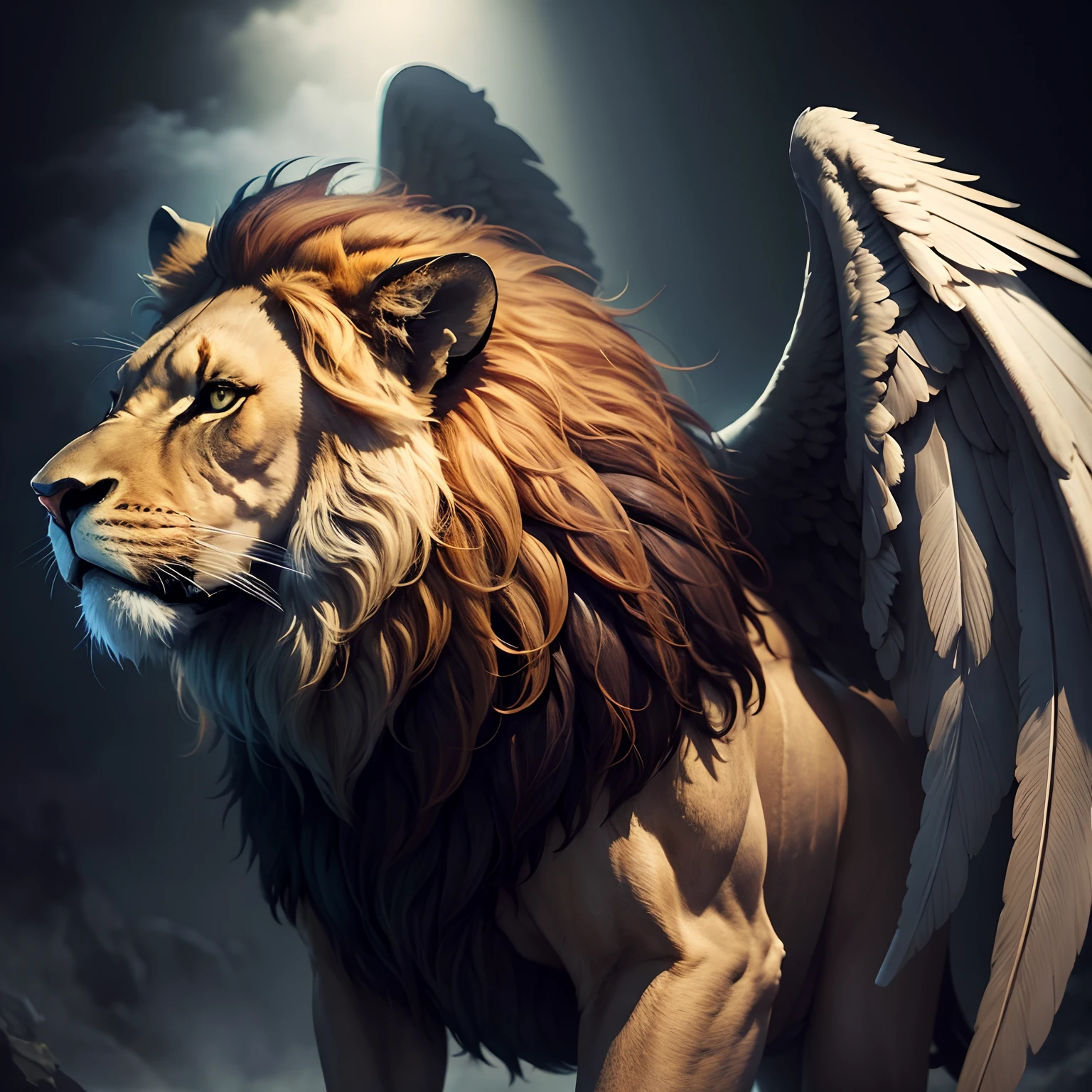 Masterpiece of a profile picture of a lion with wings in a dark place with mist HD