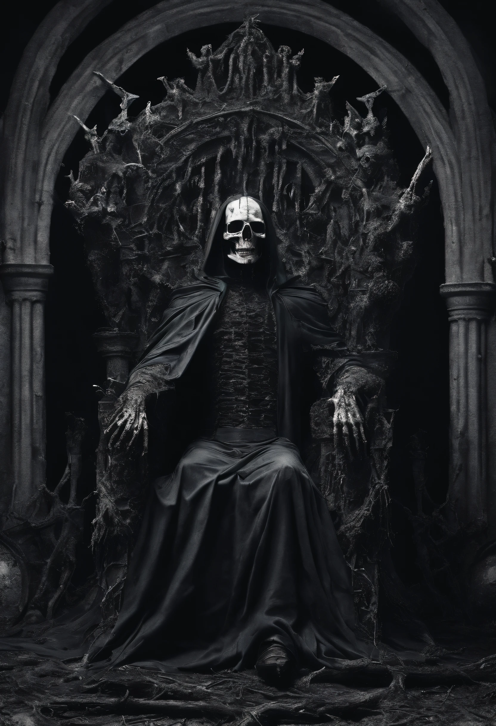 Create an image of a man standing near a large window, his eyes fixed on the crows perched around it. The man exudes a sense of calm, with long black hair tied neatly and a flowing white outfit that contrasts sharply with the somber atmosphere. His face is etched with lines of age, yet his gaze remains sharp and full of wisdom. In one hand, he holds a skull, its hollow eyes reflecting the light from the window.
The room around him is dimly lit, with the window providing the main source of light, casting a soft glow on his features and illuminating the skull's contours. Outside, the sky is overcast, adding to the somber and reflective atmosphere. The crows, dark and ominous, sit silently, their presence enhancing the mystical and contemplative mood of the scene.
This image captures a moment of quiet introspection and connection with both the natural and supernatural worlds, highlighting the man's serene yet powerful presence in a dark medieval fantasy setting.