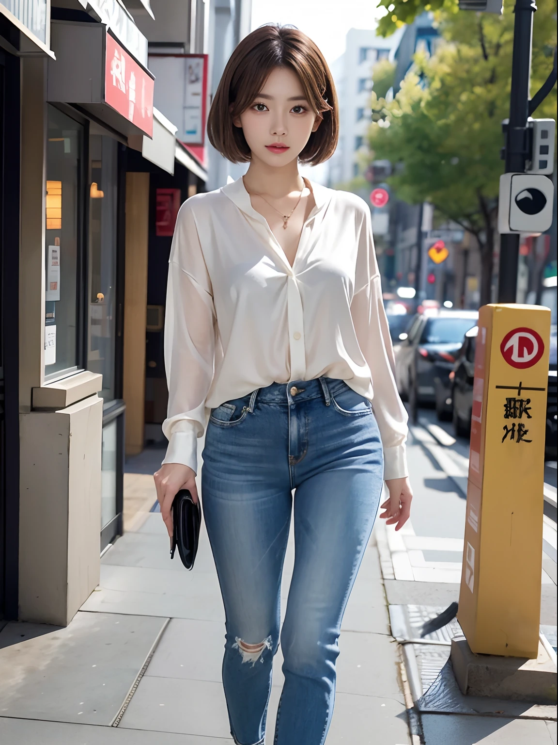 masutepiece, 1 girl per 1 photo, Full body shot, Front view, a Japanese young pretty girl, Short Bob, Standing in the city, Stylish figure, Autumn clothes wearing jeans and long-sleeved clothes、a necklace, hyper cute face, Glossy lips, double eyelids for both eyes, Natural makeup,、Short-cut hairstyles、shiny smooth light brown hair, , Tanned skin, a silk pillow, Silk bed sheets, central image, 8K resolution, high detailing, detailed hairstyle, Detailed face, Cinematic lighting, Octane Rendering, Vibrant, hyper realisitic, Perfect limbs, Perfect Anatomy