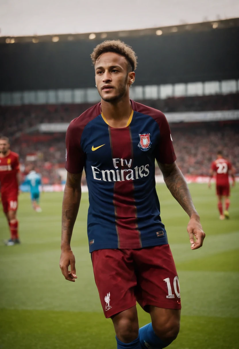 Homem Soccer Player Neymar de queixo grande no Liverpool, brinco na orelha