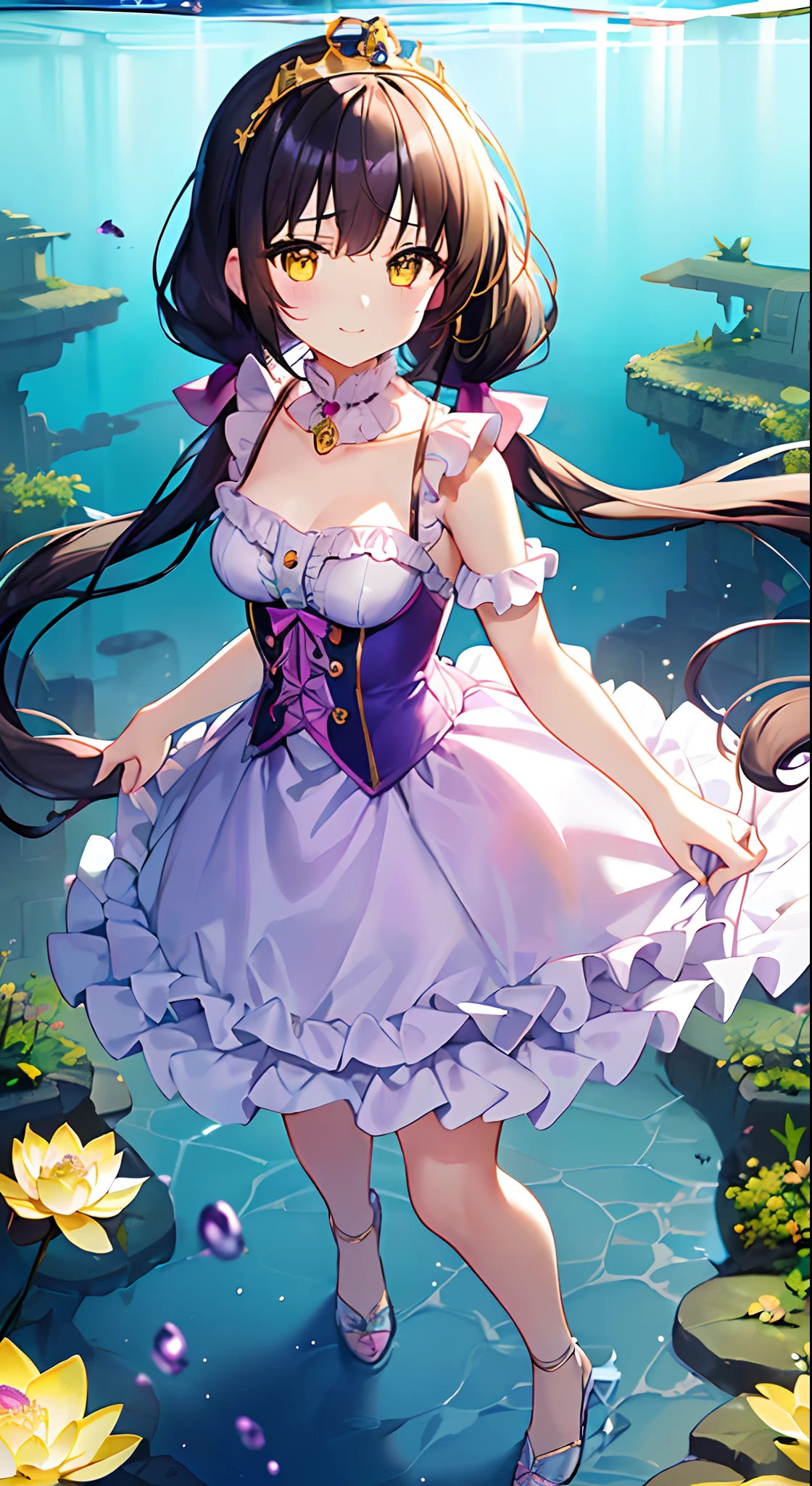 (top-quality)、(masterpiece)、(ultra-detailliert)、Beautiful girl alone、 student、cute little、(A dark-haired:1.7)、(Longhaire:1.4)、((low twintails:1.3))、(Voluminous pink ball gown dress:1.2)、(Gorgeous purple ruffles:1.3)、corsets、、(Widening hem)、shinny skin、(A smile)、(yellow eyes)、Clearing the eyes、drooing eyes、Yellow hair tie、a golden tiara、medium breasts、(an underwater city:1.2)、Daytime、(Standing:1.2)、Pink low heels、The lotus flowers、foam、