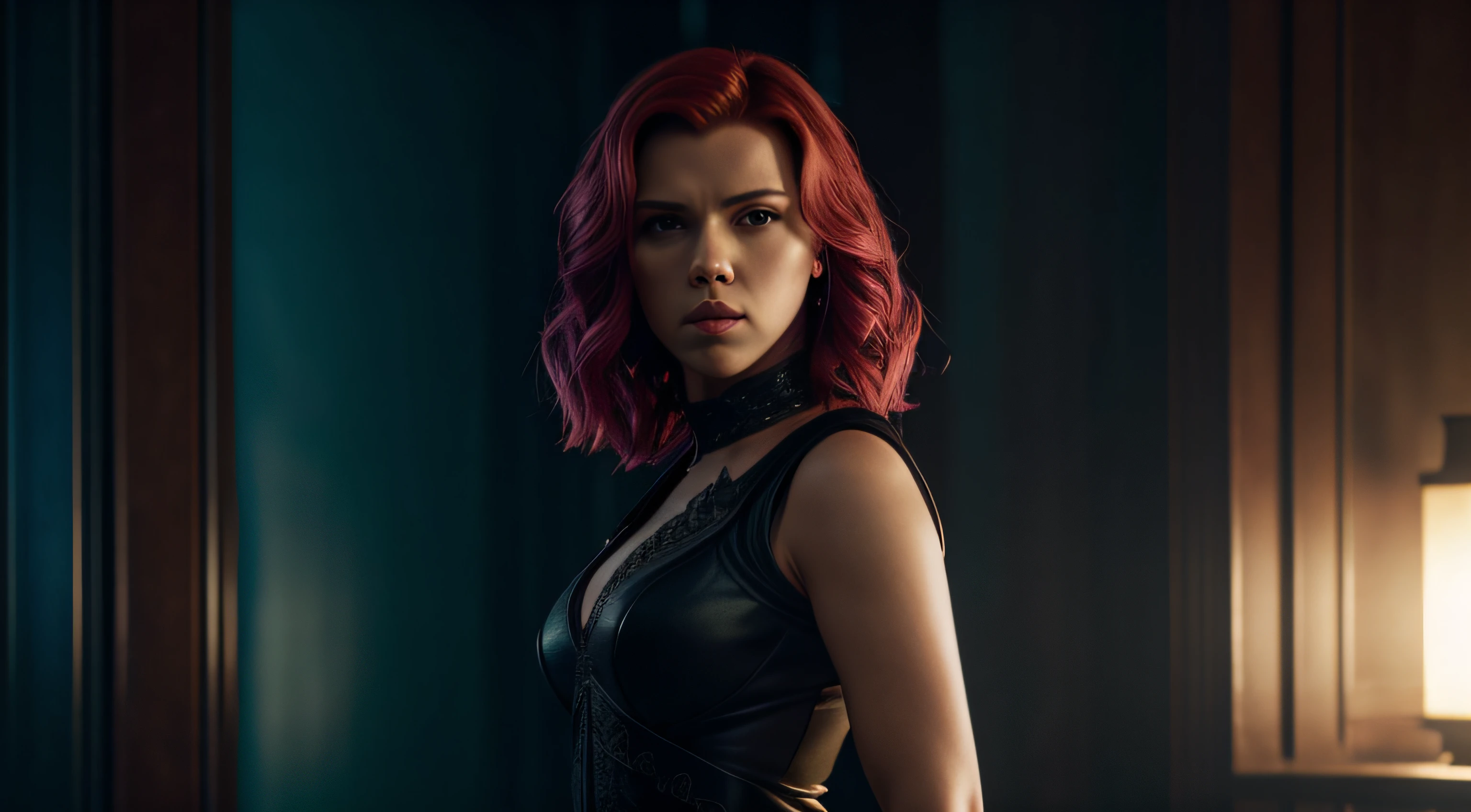 (obra prima) (ultradetalhada) (ultrarrealista | | |) Scarlett Johansson, roupas provocativas, ensaio sensual, neon light, noite, Foto premiada, BLN-L24, exposure,Alto contraste,low saturation,high saturation 8k 3D, f 2.8 lentes, Cinematic lighting