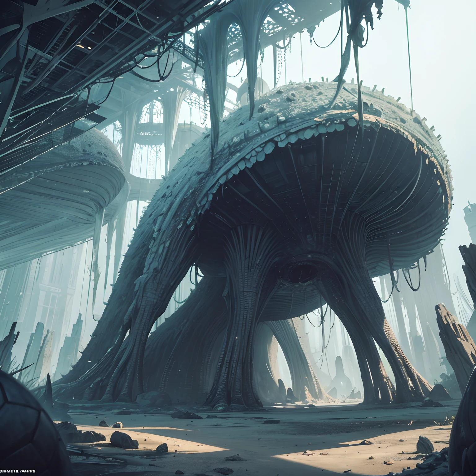 The large spooky creature building is surrounded by countless alien eggs,There are many alien shapes bursting out of the shell