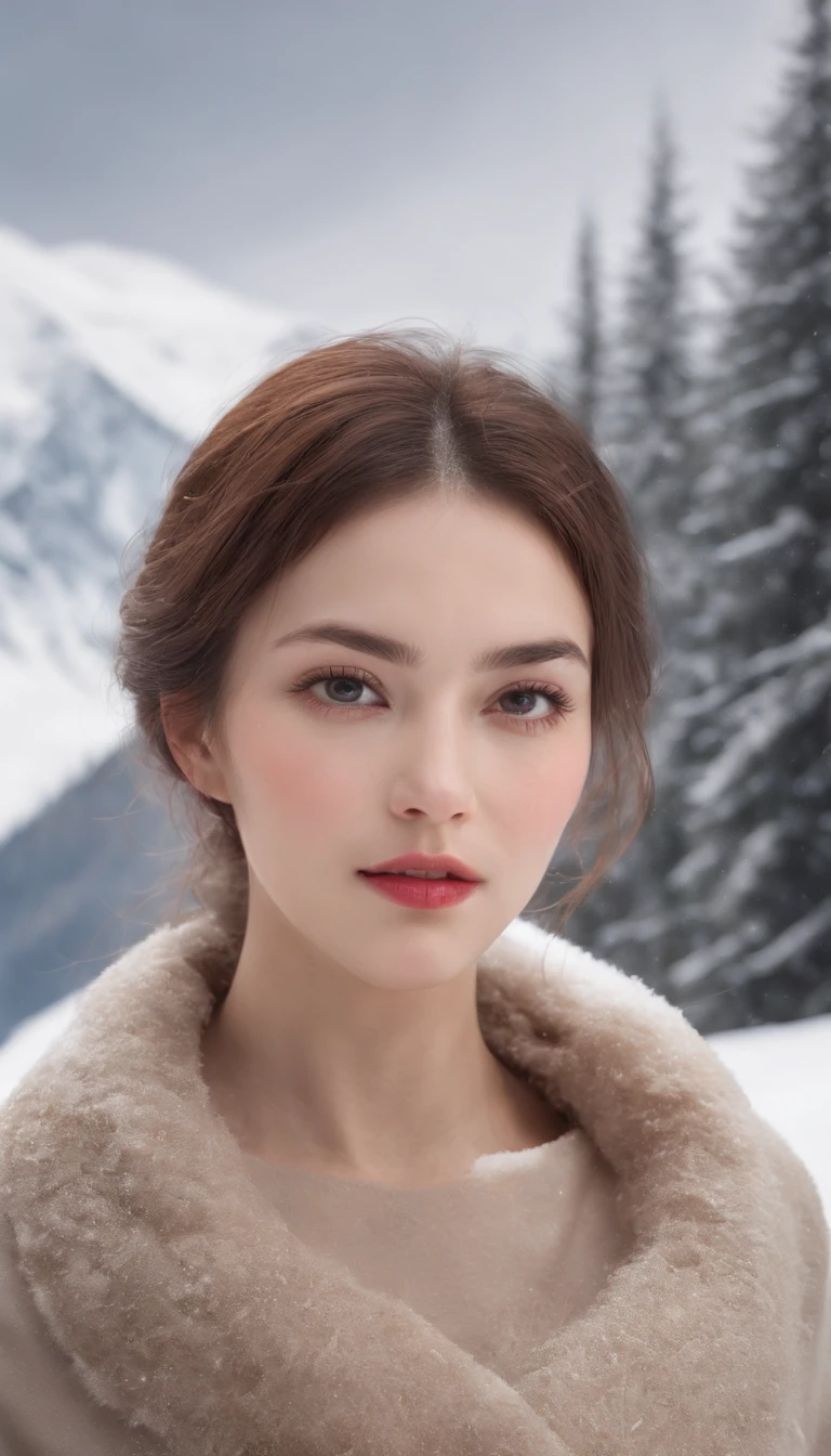 (best quality,4k,8k,highres,masterpiece:1.2),ultra-detailed,(realistic,photorealistic,photo-realistic:1.37),HDR,UHD,studio lighting,ultra-fine painting,sharp focus,physically-based rendering,extreme detail description,professional,vivid colors,bokeh,winter,scenic,landscape,portrait,woman,short hair,feminine,mountains,snowstorm,snow,snow-covered body,cold,scared expression,red and chapped lips,distressed,blizzard,windy,frostbite-dangerous temperatures,serene,peaceful,quiet,beautiful scenery,natural beauty,awe-inspiring,solitude,immense,calmness,raw nature,majestic peaks,tall mountain trees,cold breeze,fresh snowfall,unforgiving,white-capped mountains,treacherous landscapes,dangerous slopes,sublime,remote,wild untamed places