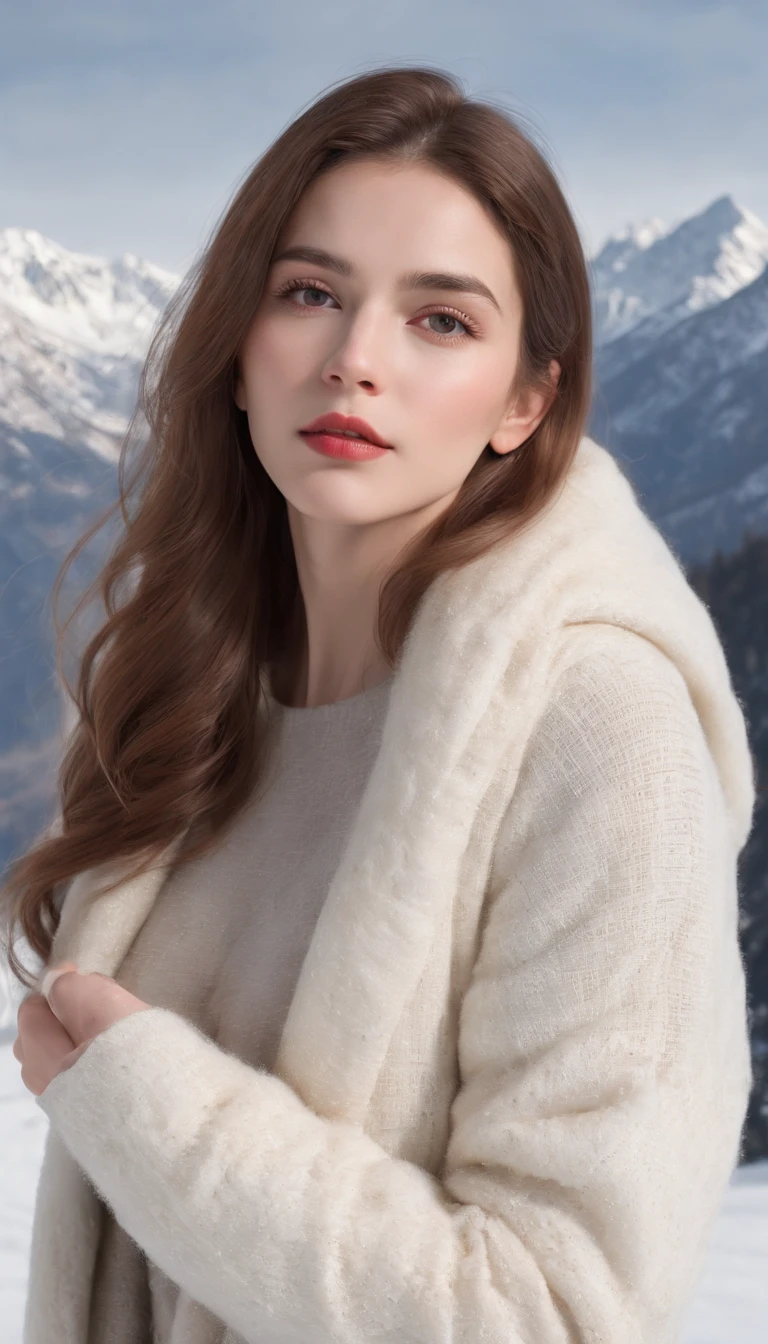 (best quality,4k,8k,highres,masterpiece:1.2),ultra-detailed,(realistic,photorealistic,photo-realistic:1.37),HDR,UHD,studio lighting,ultra-fine painting,sharp focus,physically-based rendering,extreme detail description,professional,vivid colors,bokeh,winter,scenic,landscape,portrait,woman,short hair,feminine,mountains,snowstorm,snow,snow-covered body,cold,scared expression,red and chapped lips,distressed,blizzard,windy,frostbite-dangerous temperatures,serene,peaceful,quiet,beautiful scenery,natural beauty,awe-inspiring,solitude,immense,calmness,raw nature,majestic peaks,tall mountain trees,cold breeze,fresh snowfall,unforgiving,white-capped mountains,treacherous landscapes,dangerous slopes,sublime,remote,wild untamed places