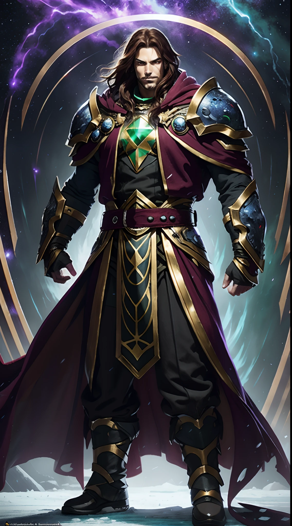 A man with long reddish-brown hair, wearing a red headband, an Eastern European face, deep and confident eyes, a confident smile, a red elongated totem mark on his face, a tall and strong physique, he wears a fantasy-style overlord attire, a blue-gold thick breastplate, a black tight-fitting undershirt, a massive cloak with heavy metal decorations, that cloak covers most of his body, thick red and blue heavy gauntlets, a metal belt with a thick long skirt-like hem, black pants, metal leg guards that match the gauntlets, he steps on the space with an awe-inspiring presence, red and blue and green energy surrounds him, red and blue and green Power surrounds him, white frost swirls around him, blue ice around him, red fire around him, purple Lightning around him, this character embodies a finely crafted fantasy-style overlord in anime style, characterized by an exquisite and mature manga illustration art style, high definition, best quality, highres, ultra-detailed, ultra-fine painting, extremely delicate, professional, anatomically correct, symmetrical face, extremely detailed eyes and face, high quality eyes, creativity, RAW photo, UHD, 8k, Natural light, cinematic lighting, masterpiece:1.5