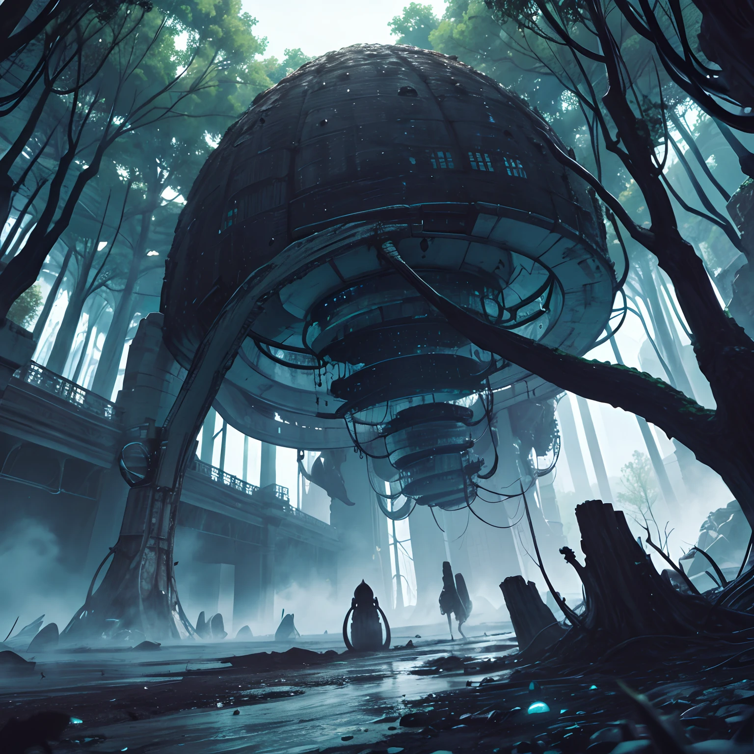 The large spooky creature building is surrounded by countless alien eggs，There are many alien shapes bursting out of the shell
