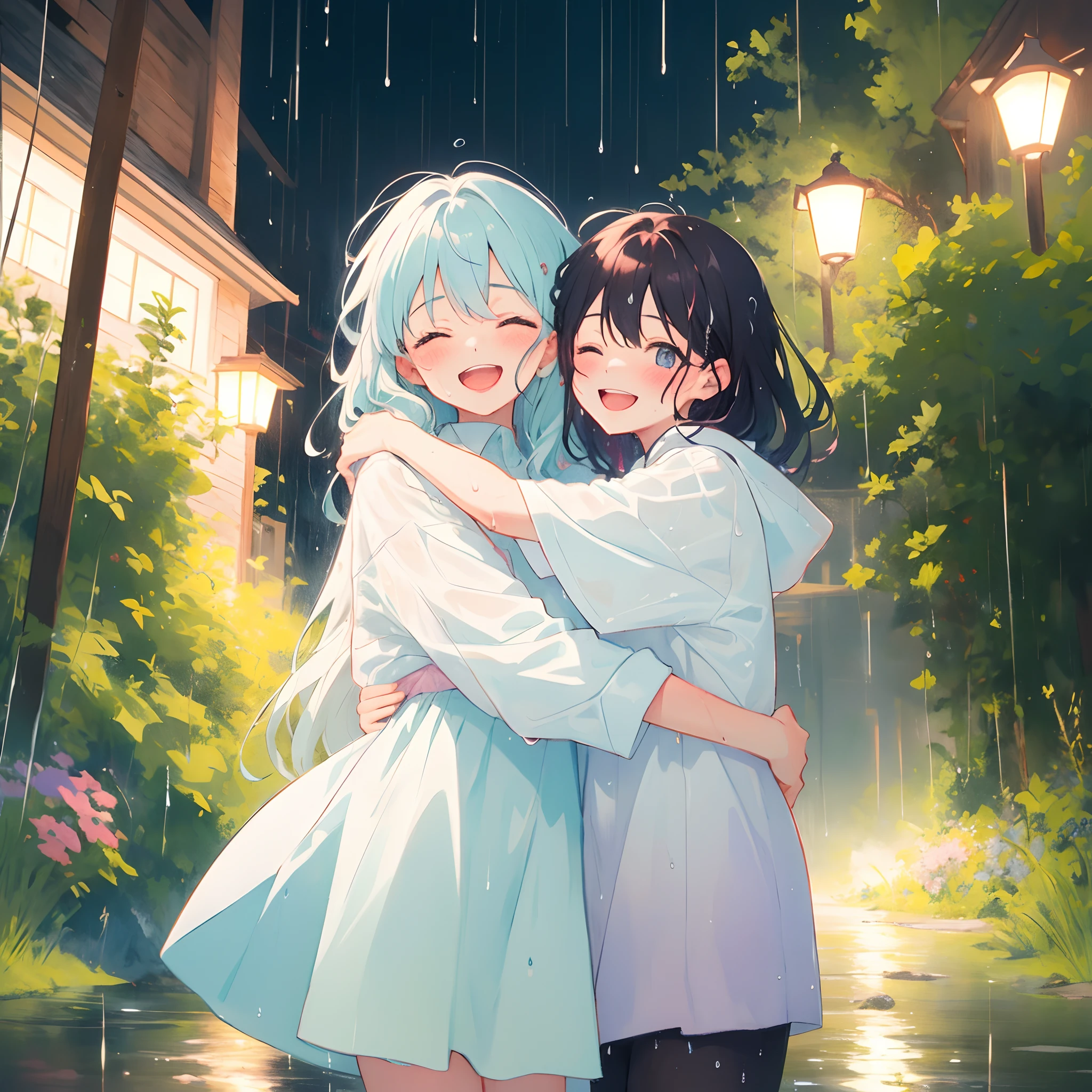 2girls hugging, extremely detailed, masterpiece, perfect illumination, (raining), (rain), (pastel colors), (muted colors), (night), big smile, happy, wet, eyes closed, light casual clothing