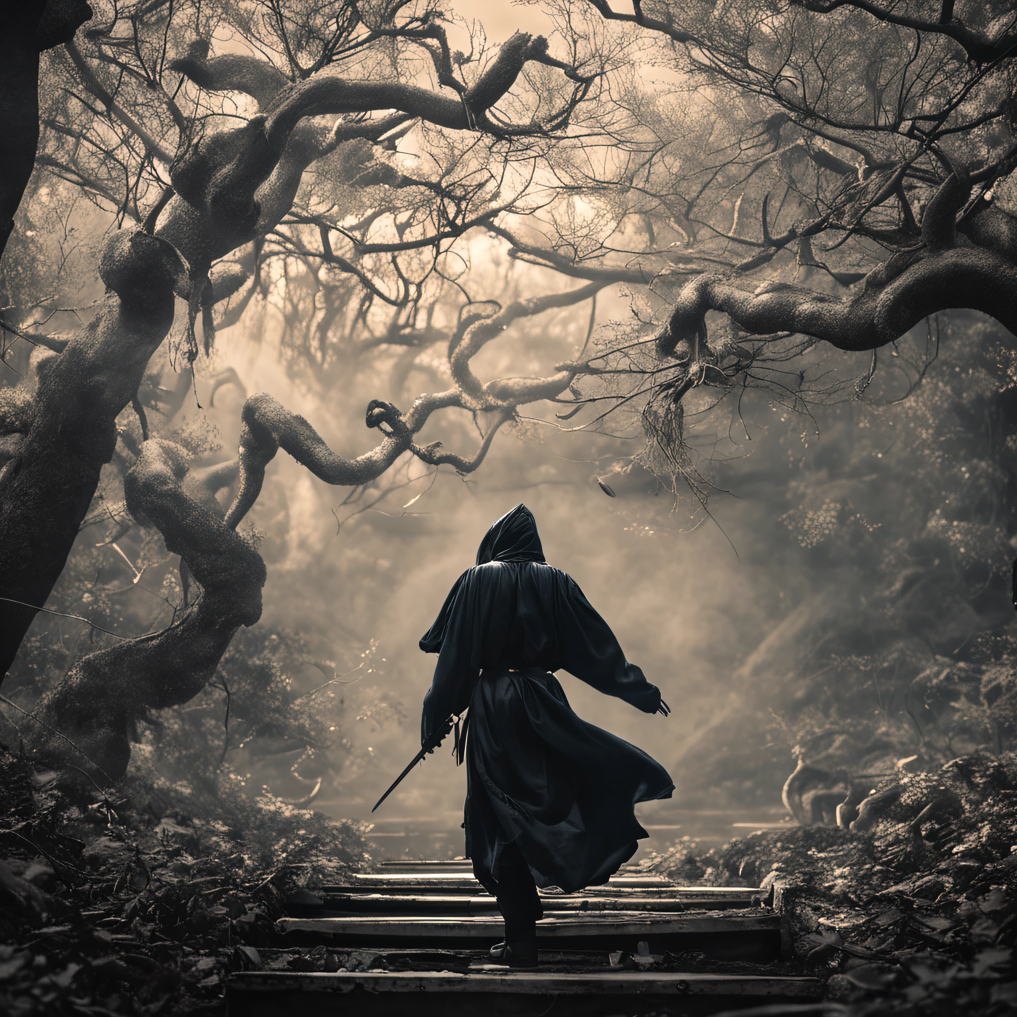 Best quality, Masterpiece, 超高分辨率, (photograph realistic:1.4), surrealism, Dream-like,fusionart, Shadowdancer, shadow magic, darkness control, stealth, shadowstep, umbral spells, hidden blade,