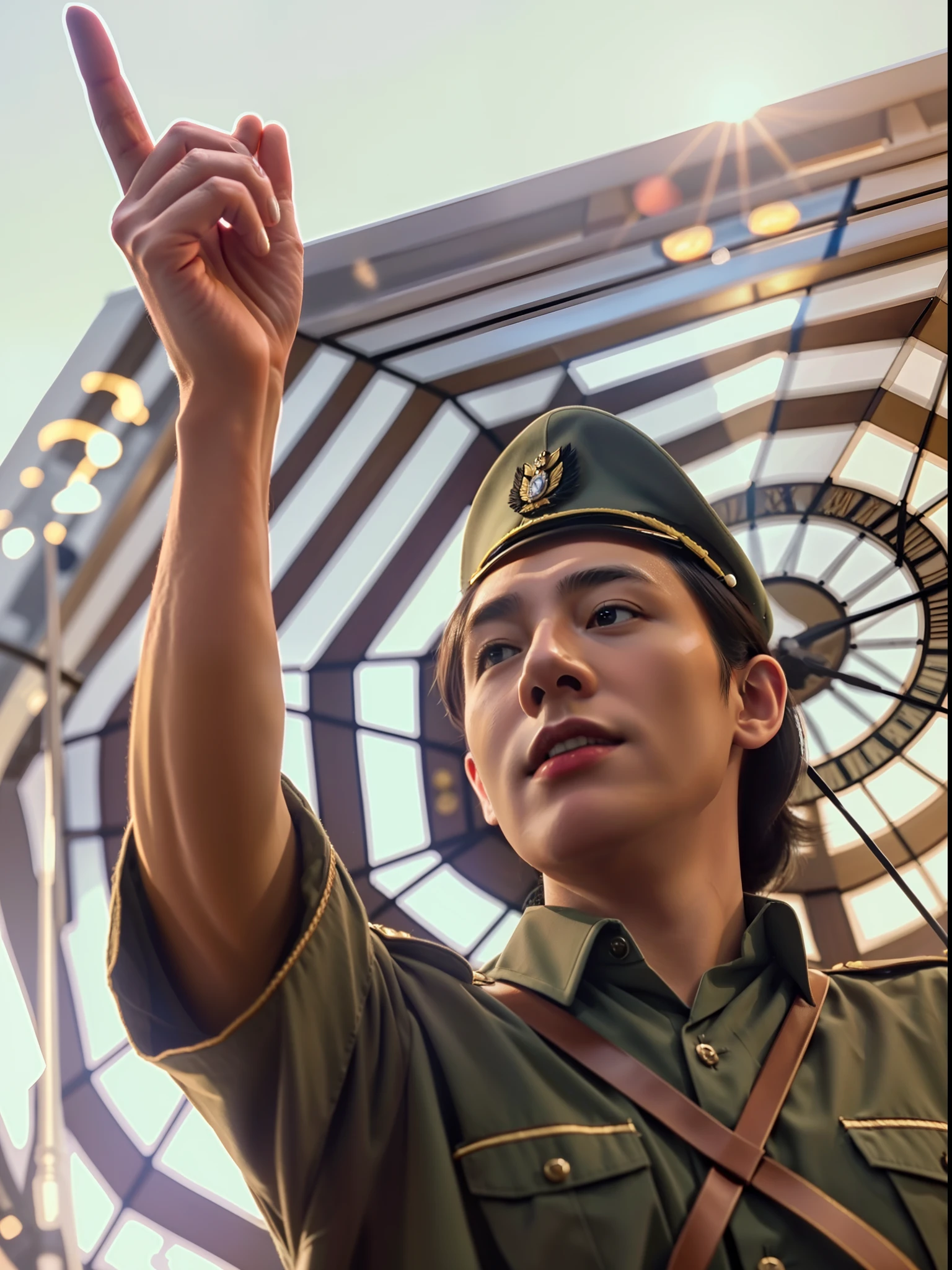 there is a man in uniform holding a clock and pointing, still photograph, seen from below, fanart, dim lit, from below, shot from below, still from the film, photo still, digitally painted, still from a live action movie, [ digital art, still from the movie, award winning colorized photo, impeccable military composure, illuminating the area