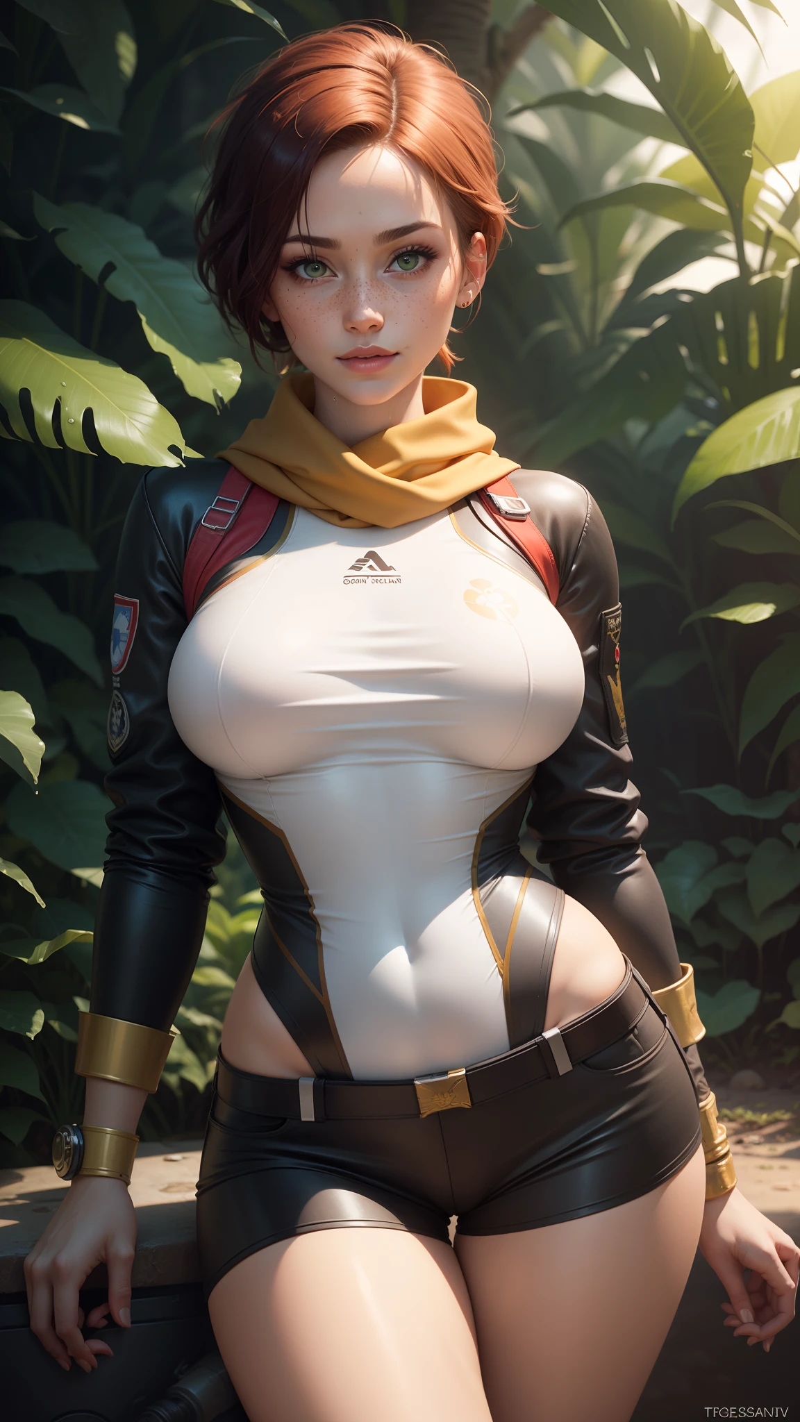 gwen tennyson,tracer,chun-li,rebecca chambers,tomb raider,overwatch,1girl, close up,mecha pilot,mayan jungle,red and white plugsuit,hair pin,pirate corset,white long sleeve lycra top,silver lycra micro shorts,short hair,cute makeup,green eyes,orange and gold hair,shy smile,freckles,redhead,beautiful girl,large breasts,ultra detailed,realistic, fantasy art,military uniform,military gear, pilot scarf,pilot jacket,wet shirt,atv,