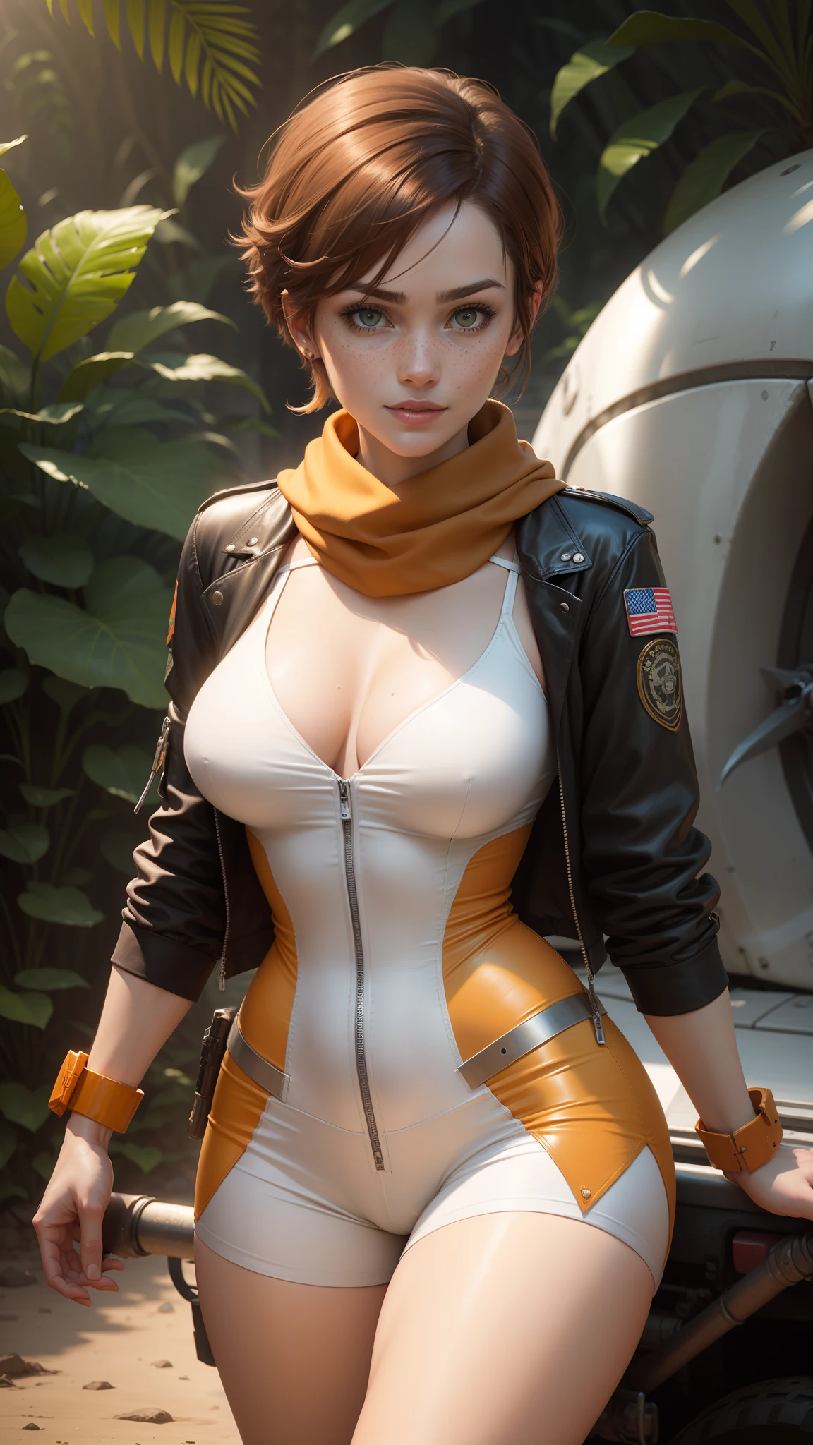 gwen tennyson,tracer,chun-li,rebecca chambers,tomb raider,overwatch,1girl, close up,mecha pilot,mayan jungle,red and white plugsuit,hair pin,pirate corset,white long sleeve lycra top,silver lycra micro shorts,short hair,cute makeup,green eyes,orange and gold hair,shy smile,freckles,redhead,beautiful girl,large breasts,ultra detailed,realistic, fantasy art,military uniform,military gear, pilot scarf,pilot jacket,wet shirt,atv,
